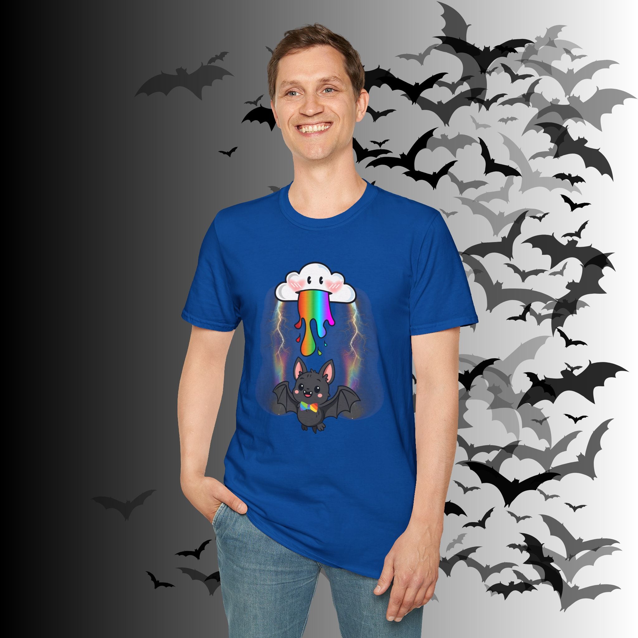 Rainbow Vomit Cloud Bat T-Shirt — Kawaii Goth Pride Unisex Tee