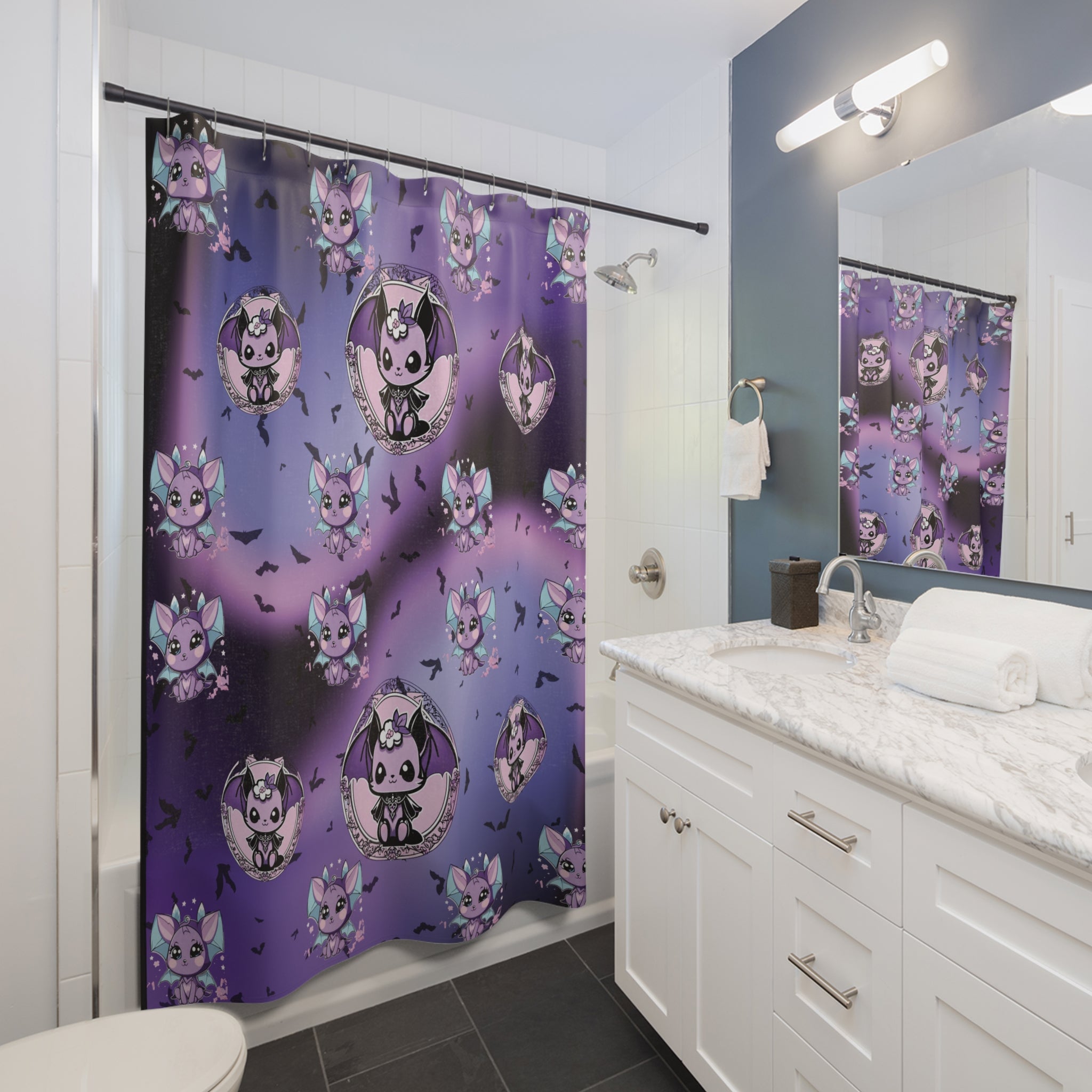 Pastel goth shower curtain with kawaii vampire bats in ornate cameo frames and scattered bat silhouettes on a deep purple and black cosmic background displayed in a white bathroom