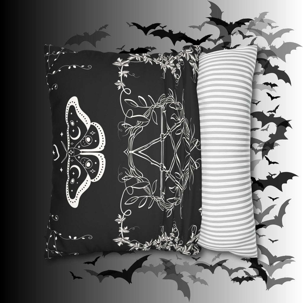 Witchy Moth Pentagram Throw Pillow — Botanical Gothic Dark Home Decor