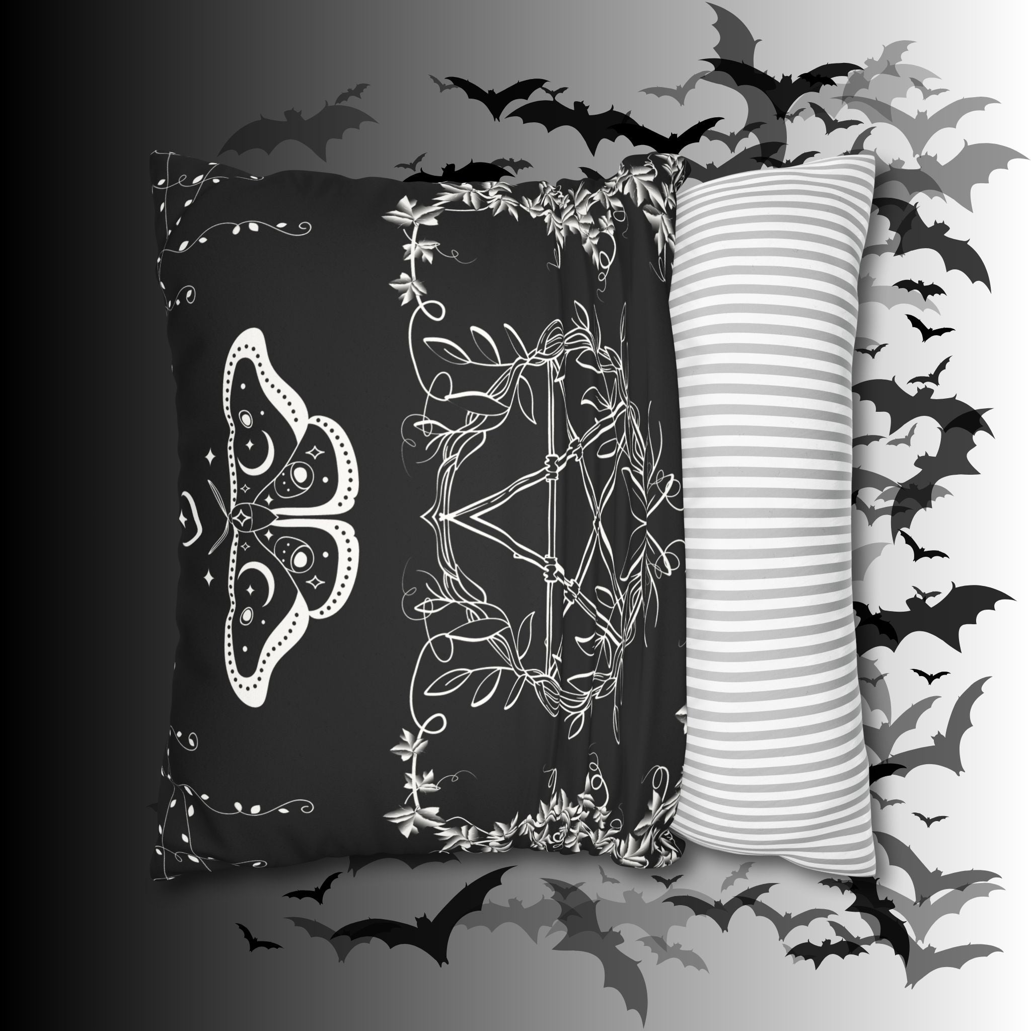 Witchy Moth Pentagram Throw Pillow — Botanical Gothic Dark Home Decor