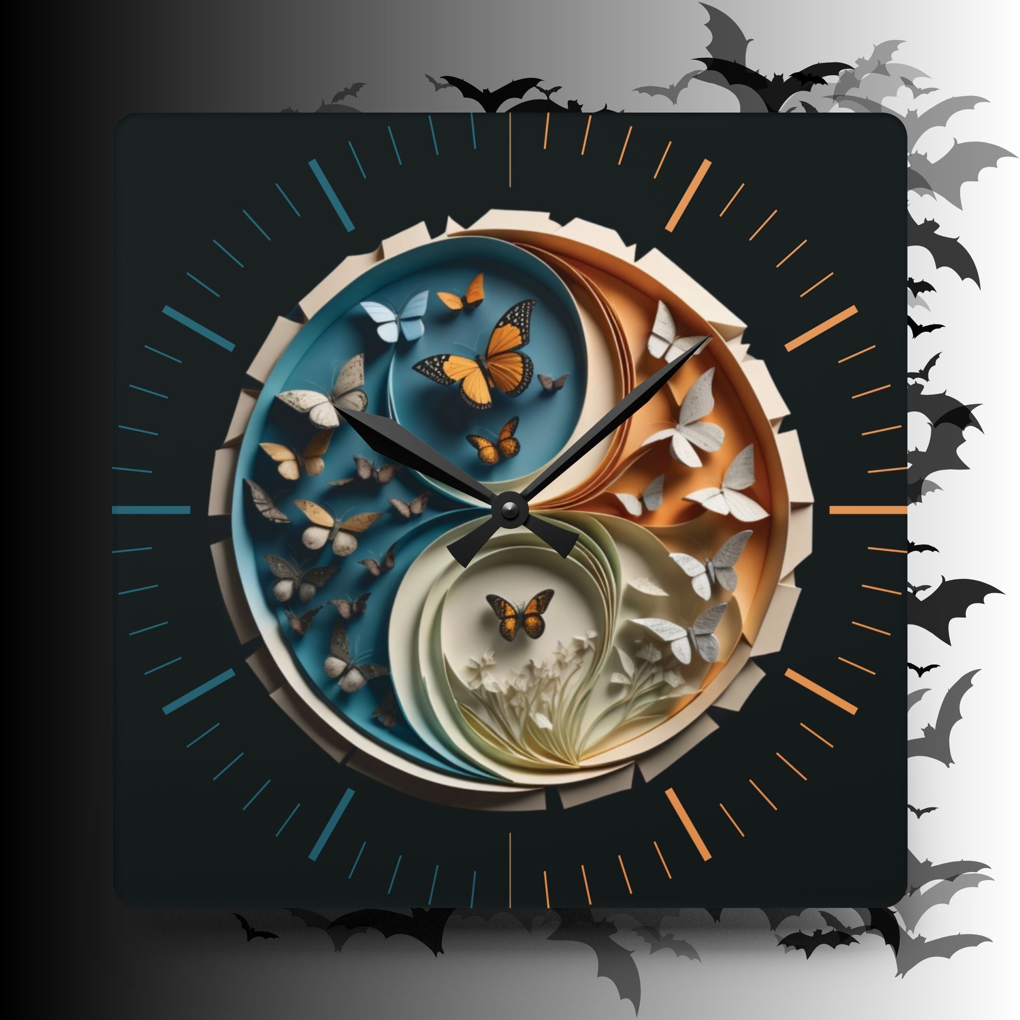 Origami Style Yin Yang Butterfly Acrylic Art Print Wall Clock Teal Orange — NOT Real Origami, Zen Home Decor