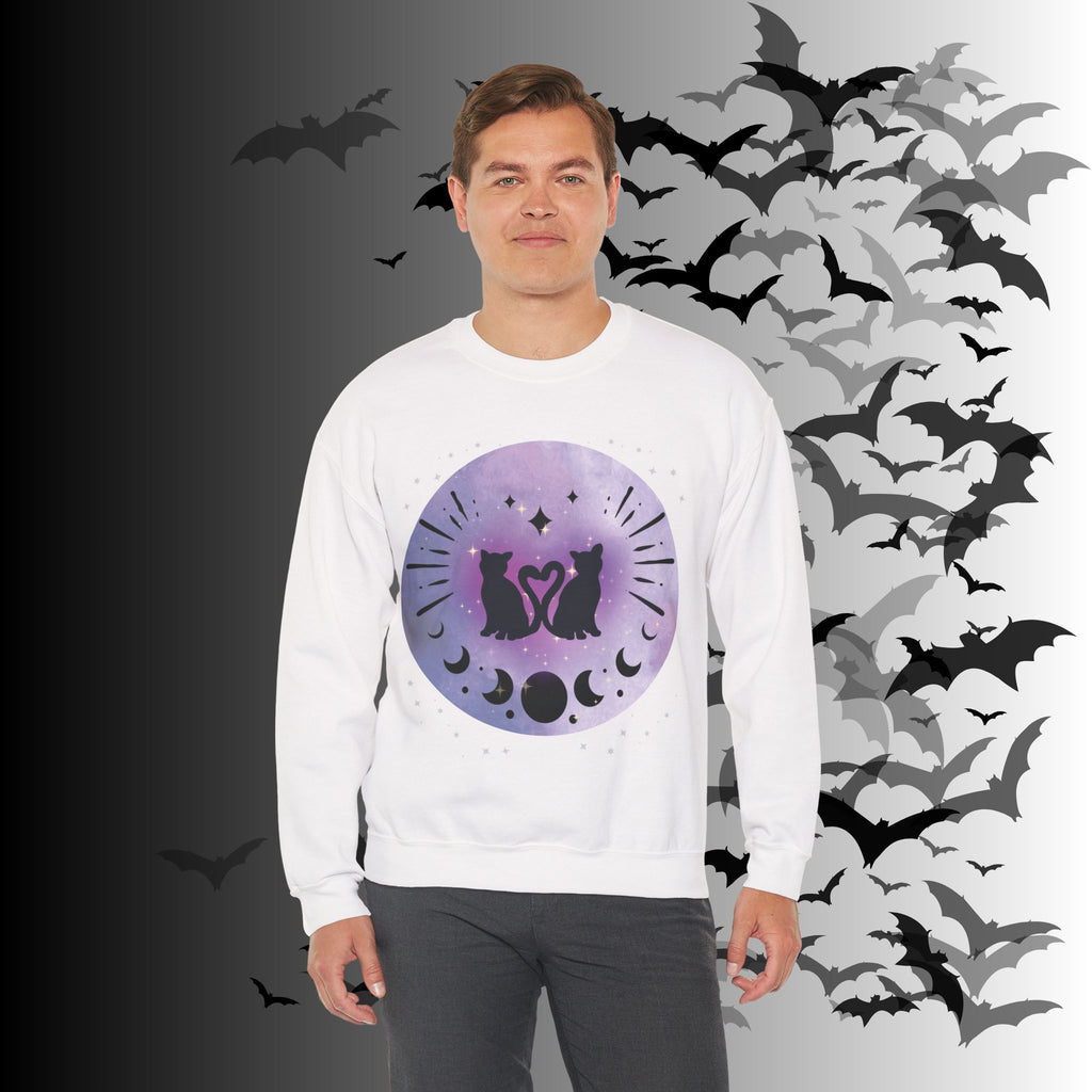 Celestial Twin Cats Heart Moon Crewneck Sweatshirt — Witchy Moon Phase