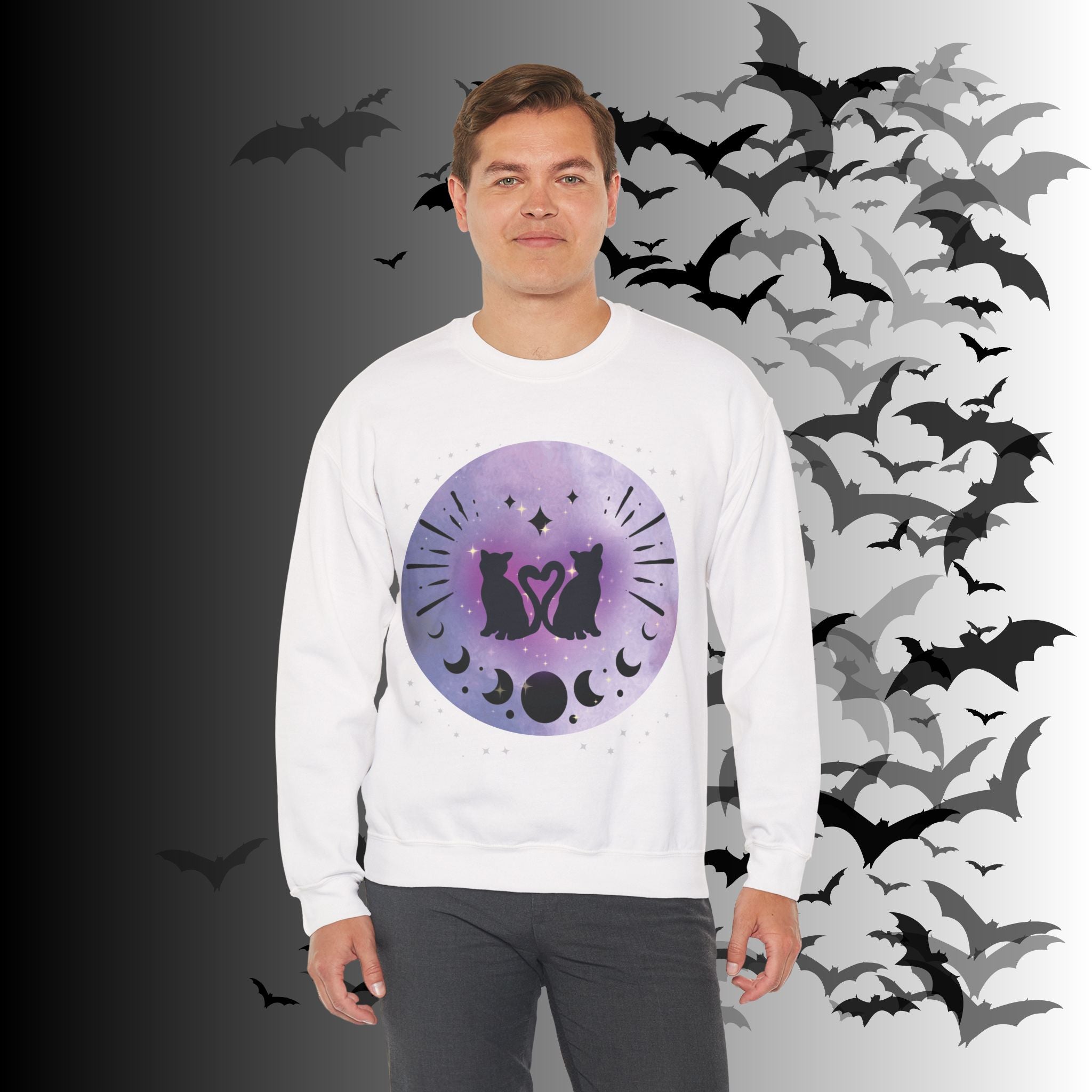 Celestial Twin Cats Heart Moon Crewneck Sweatshirt — Witchy Moon Phase