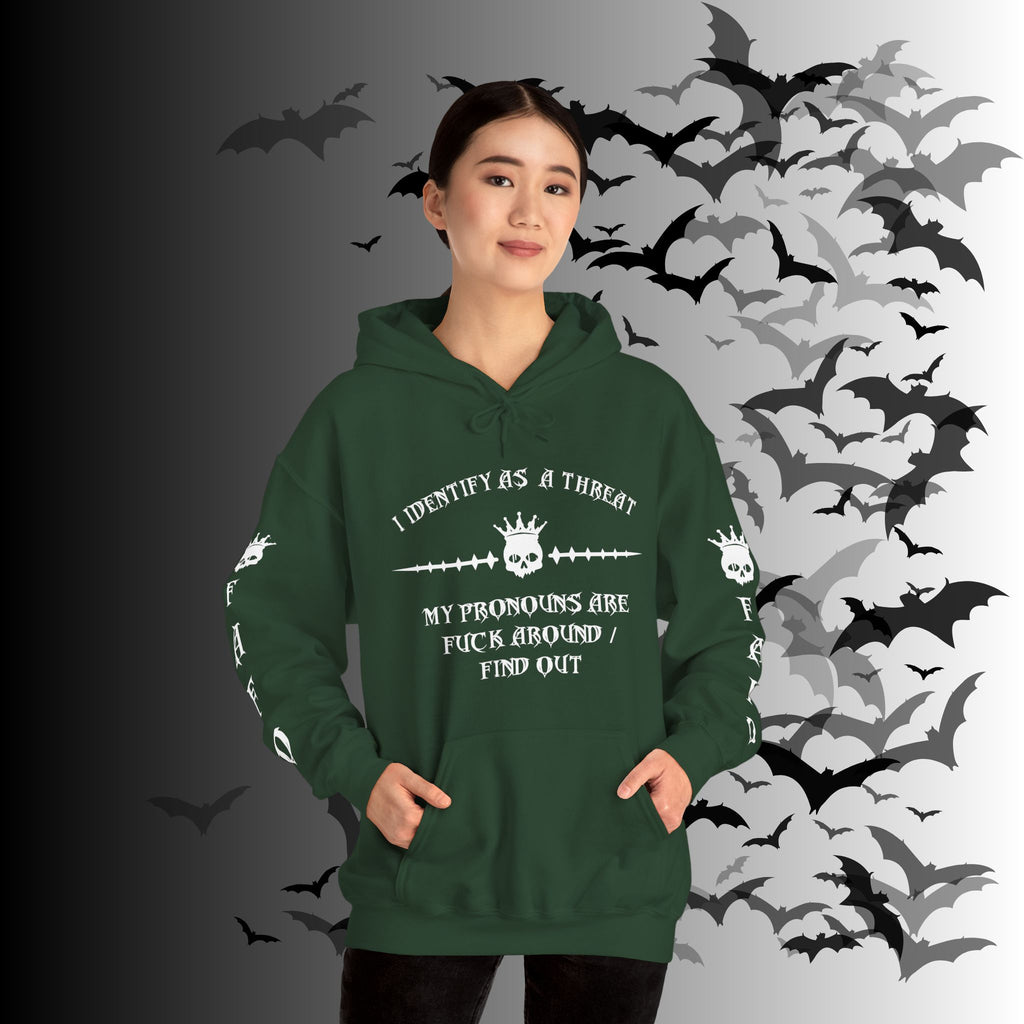 I Identify As a Threat Hoodie — Gothic Skull Sleeve Print FAFO Black
