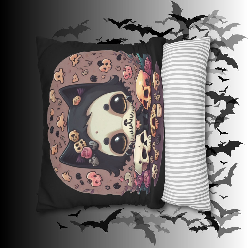Gothic Skull Face Cat Throw Pillow — Creepy Cute Pastel Goth Home Decor