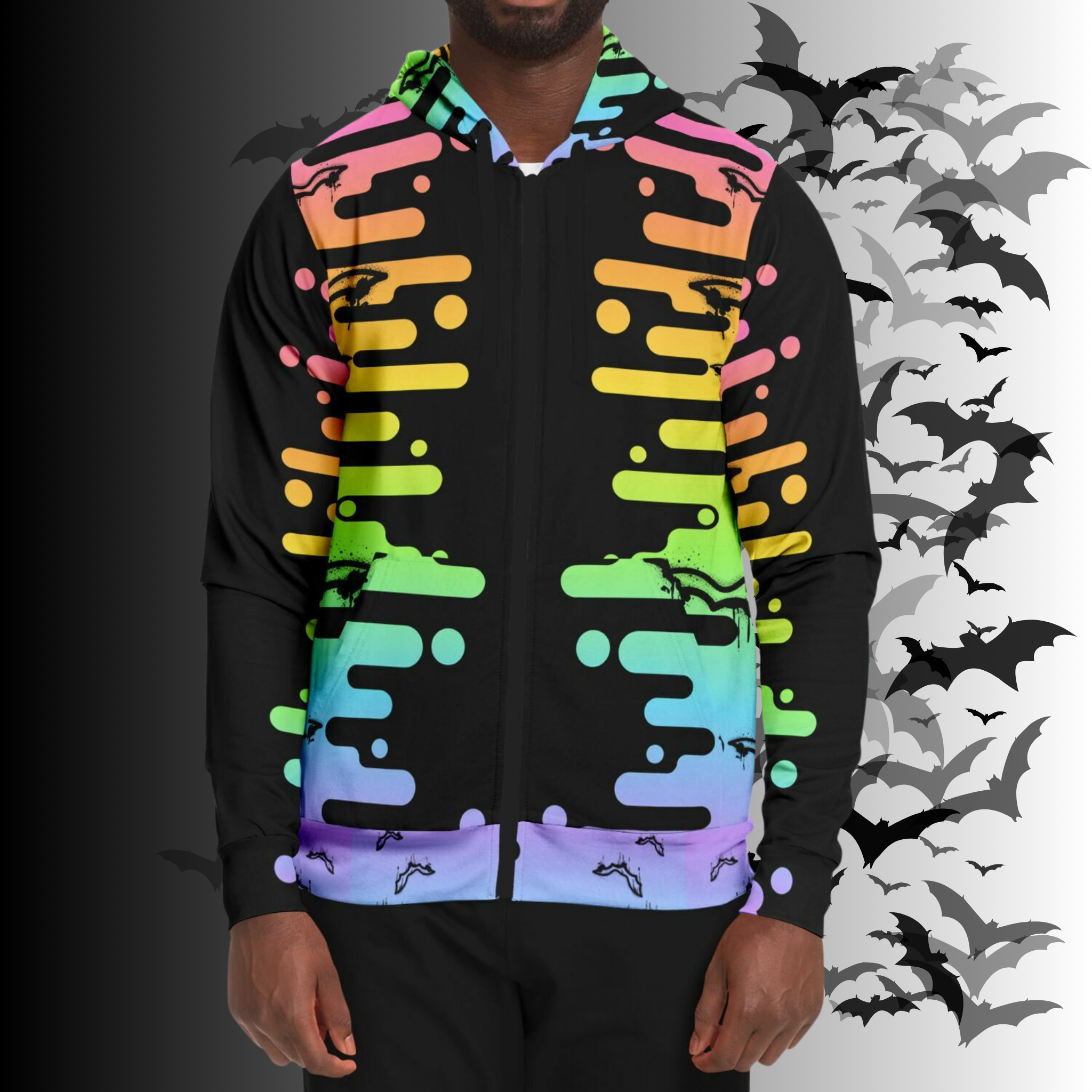 Neon Rainbow Drip Bat All Over Print Zip Hoodie