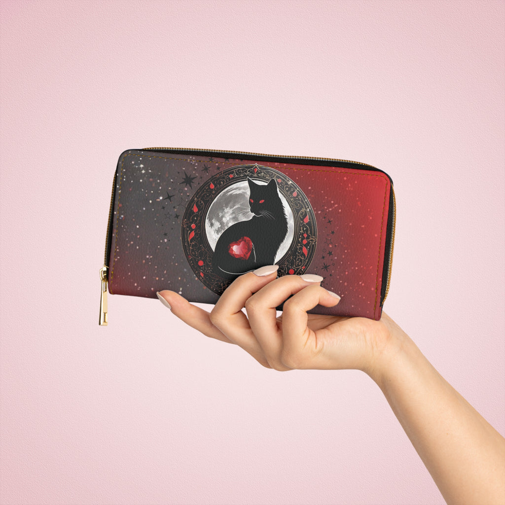 Gothic Black Cat Moon Wallet | Dark Academia Faux Leather Zipper Clutch