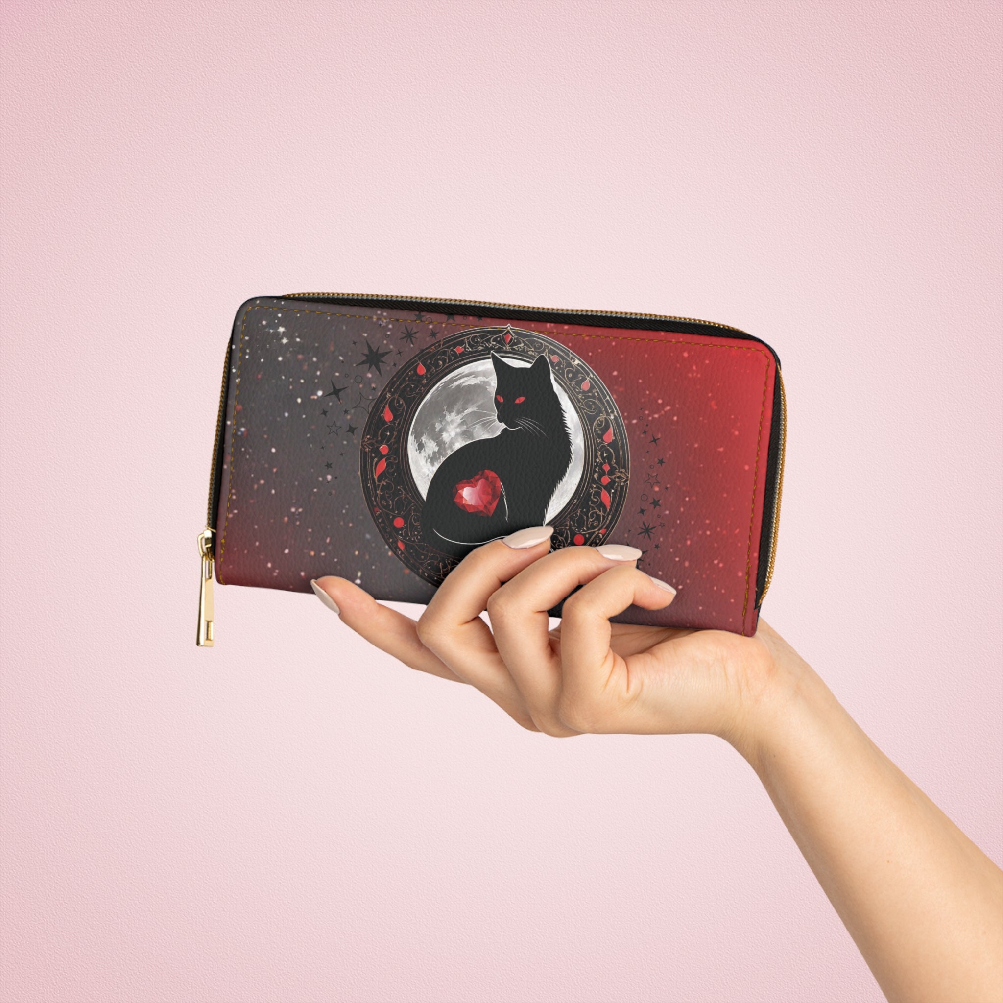 Gothic Black Cat Moon Wallet | Dark Academia Faux Leather Zipper Clutch