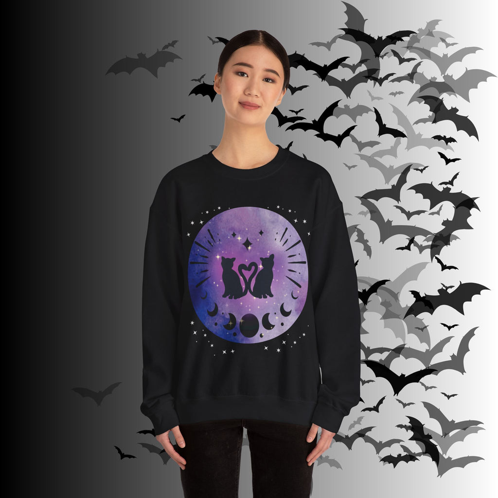 Celestial Twin Cats Heart Moon Crewneck Sweatshirt — Witchy Moon Phase