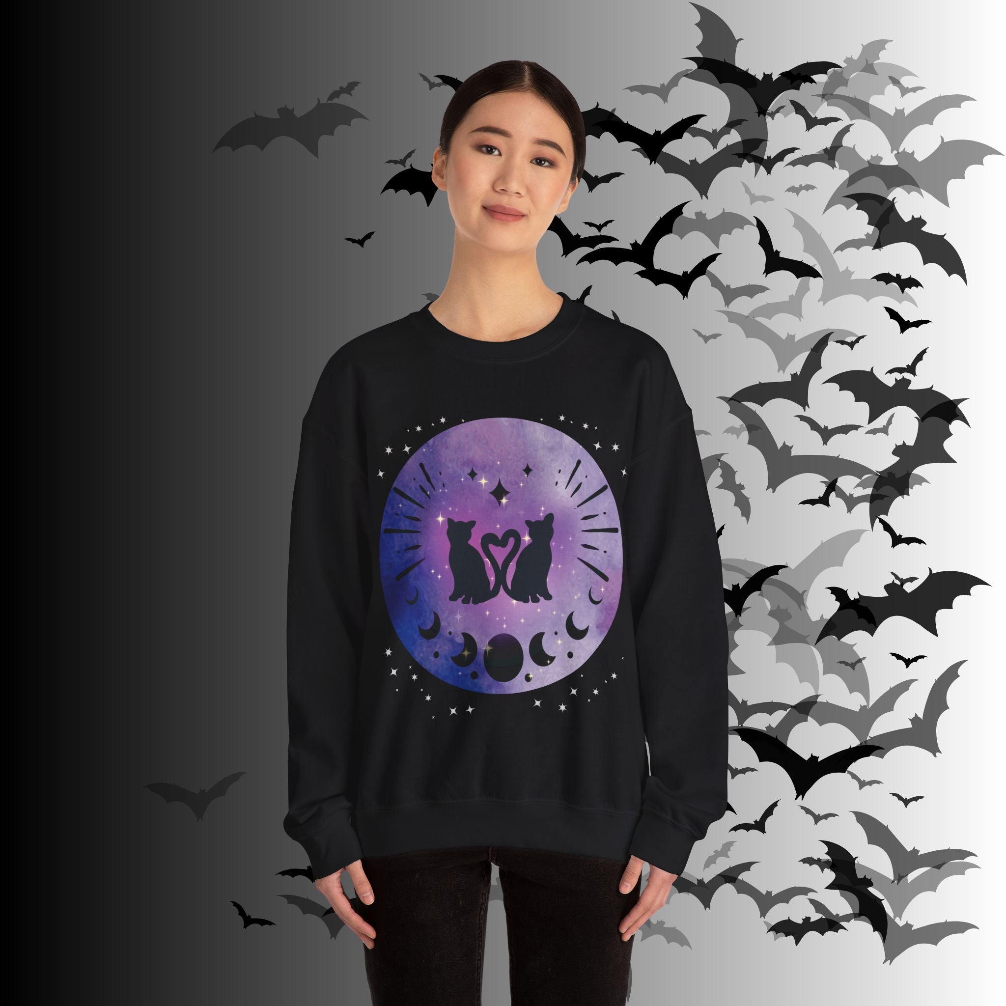 Celestial Twin Cats Heart Moon Crewneck Sweatshirt — Witchy Moon Phase