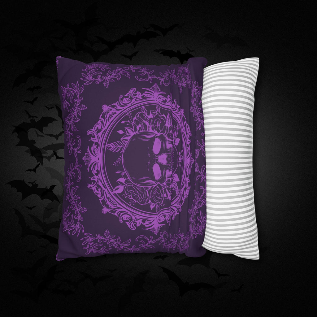 Purple Gothic Floral Skull Throw Pillow — Baroque Botanical Dark Home Decor