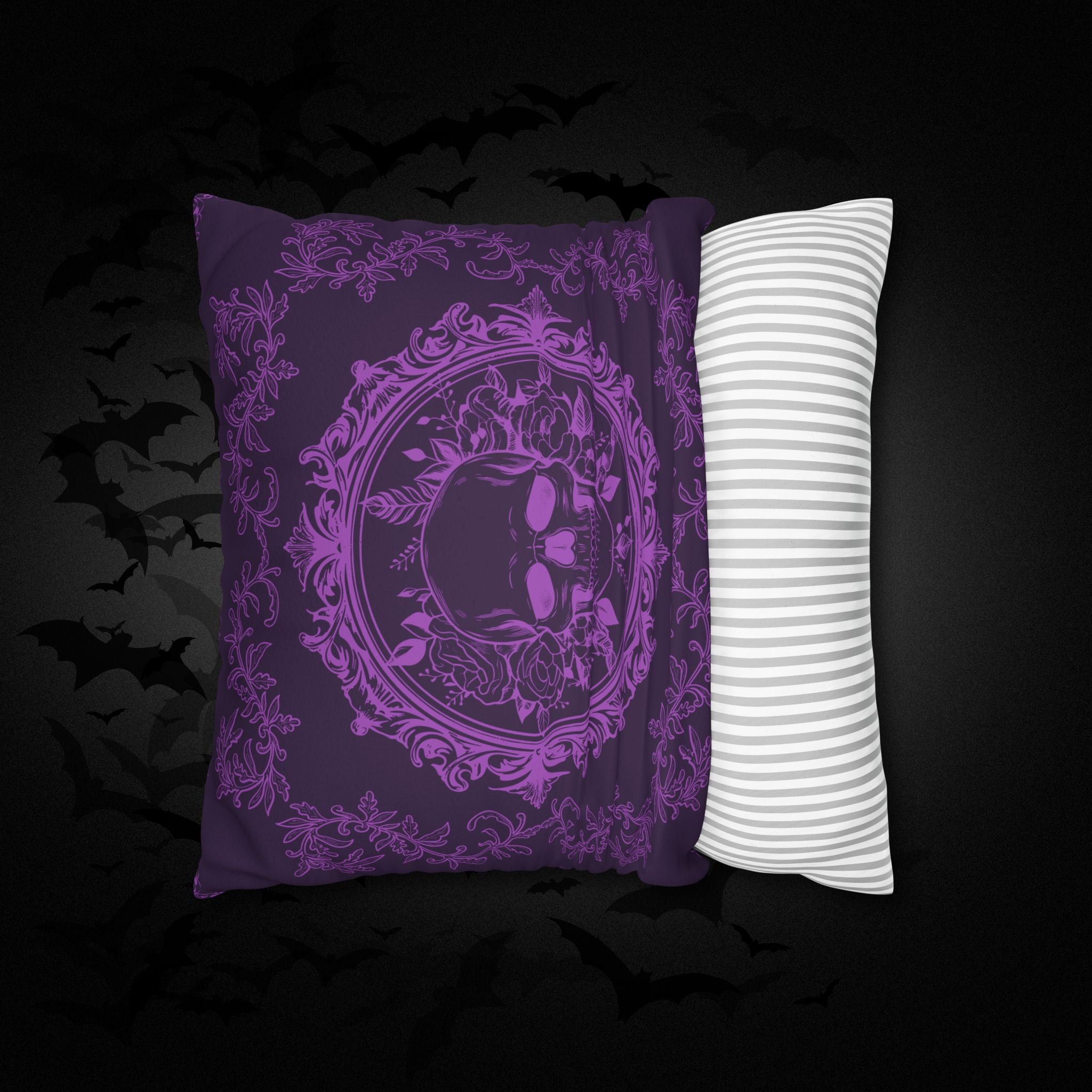 Purple Gothic Floral Skull Throw Pillow — Baroque Botanical Dark Home Decor