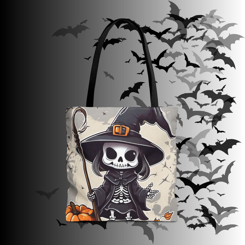 Skeleton Witch Halloween Tote Bag — Spooky Chibi Witch Print