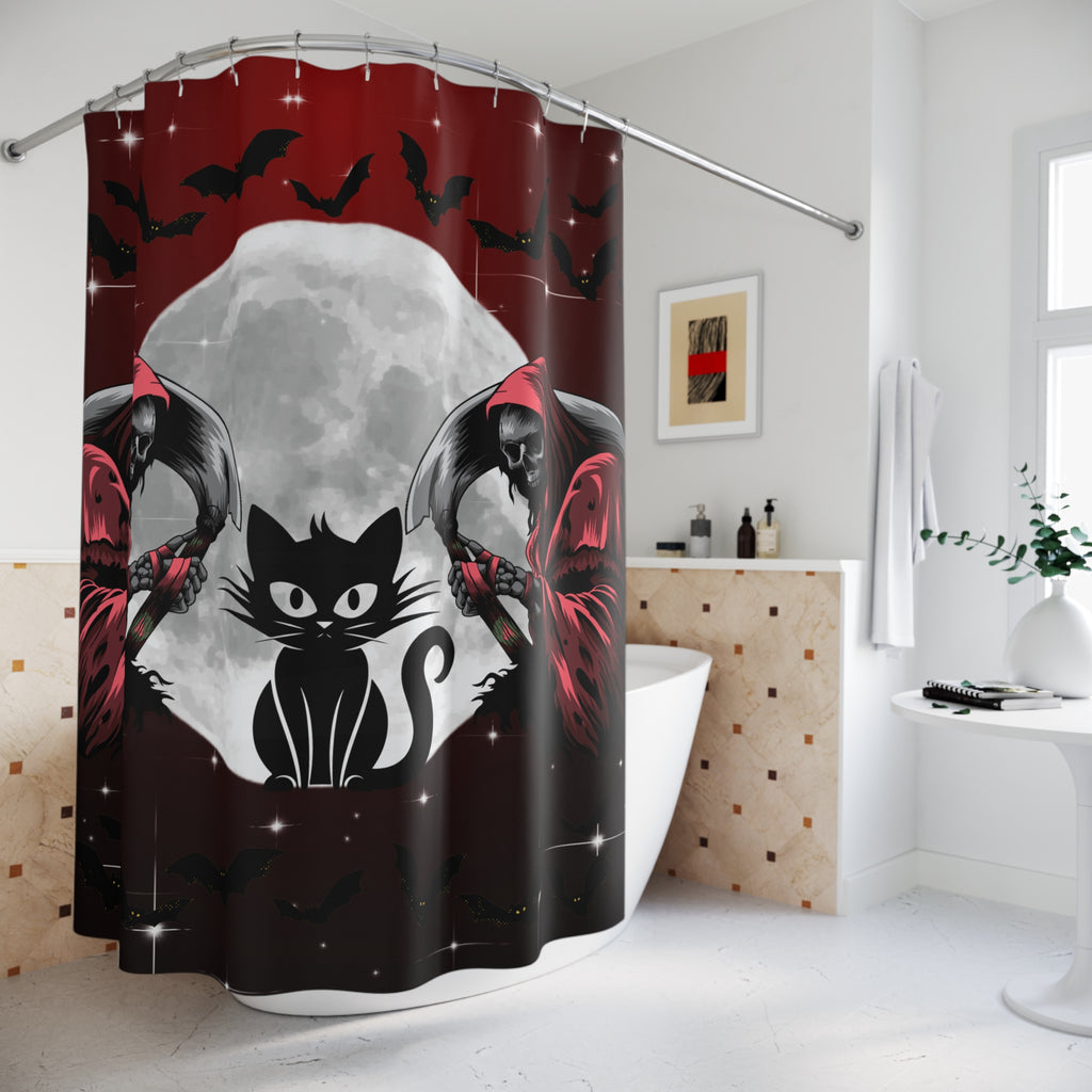 Gothic Grim Reaper Cat Full Moon Shower Curtain — Halloween Bathroom Decor