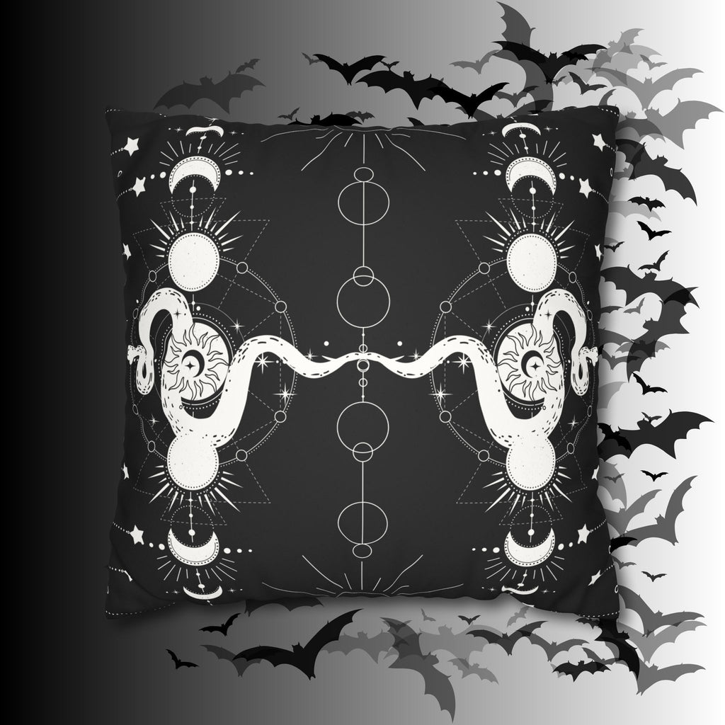 Celestial Snake Moon Phases Throw Pillow — Witchy Gothic Dark Home Decor