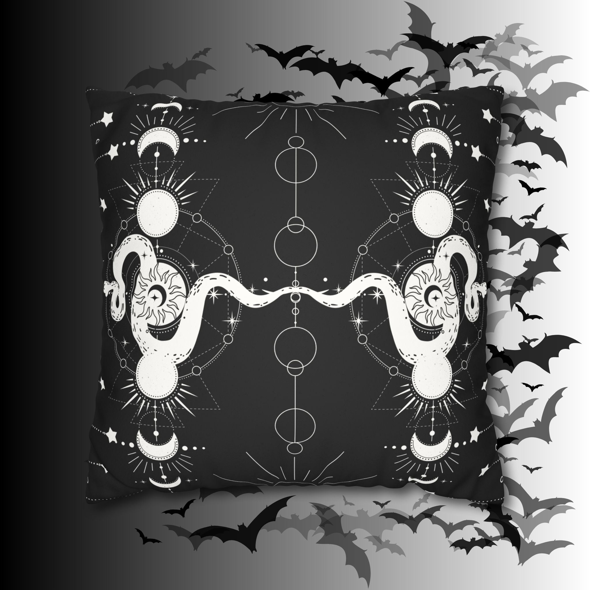 Celestial Snake Moon Phases Throw Pillow — Witchy Gothic Dark Home Decor