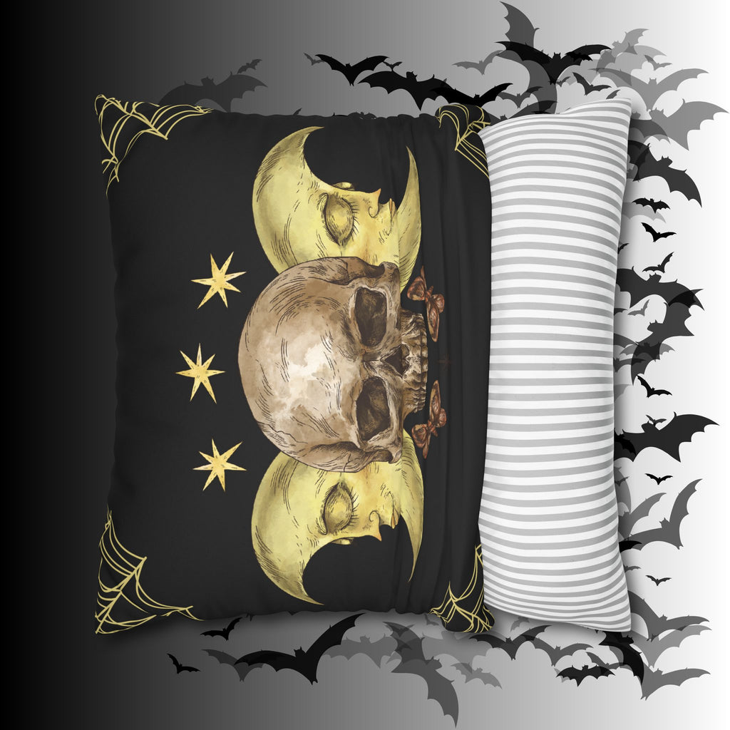Gothic Moon Skull Throw Pillow — Celestial Dark Home Decor