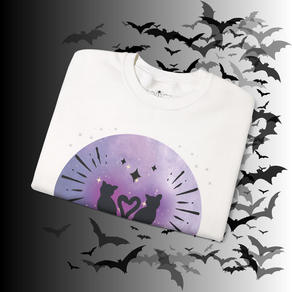 Celestial Twin Cats Heart Moon Crewneck Sweatshirt — Witchy Moon Phase