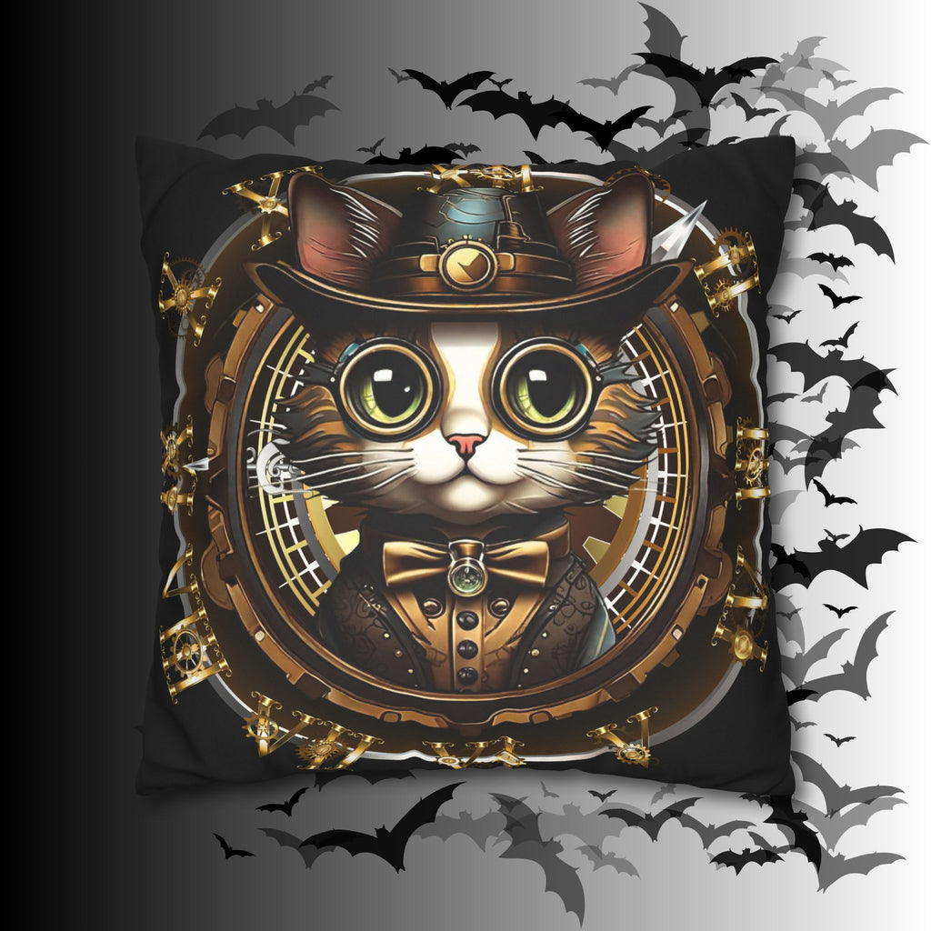 Steampunk Cat Throw Pillow — Vintage Industrial Gothic Home Decor