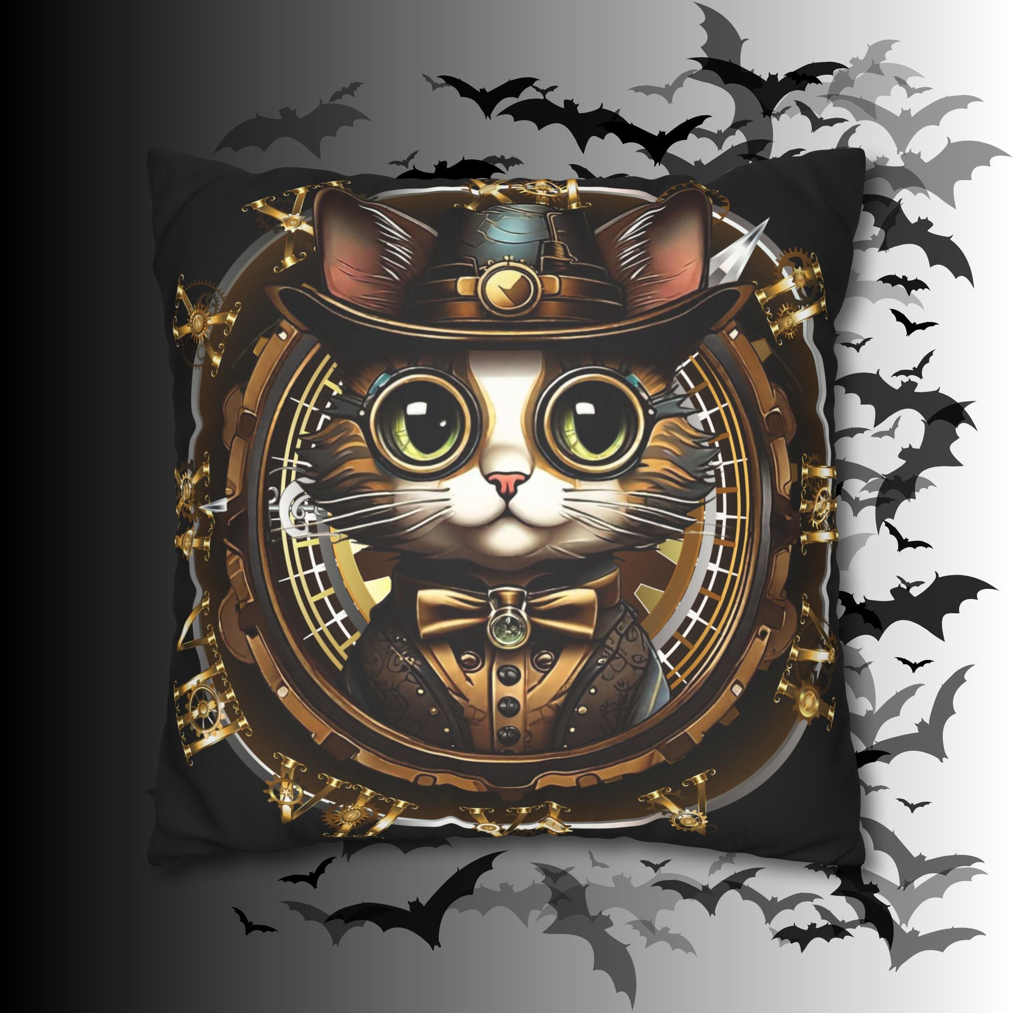 Steampunk Cat Throw Pillow — Vintage Industrial Gothic Home Decor
