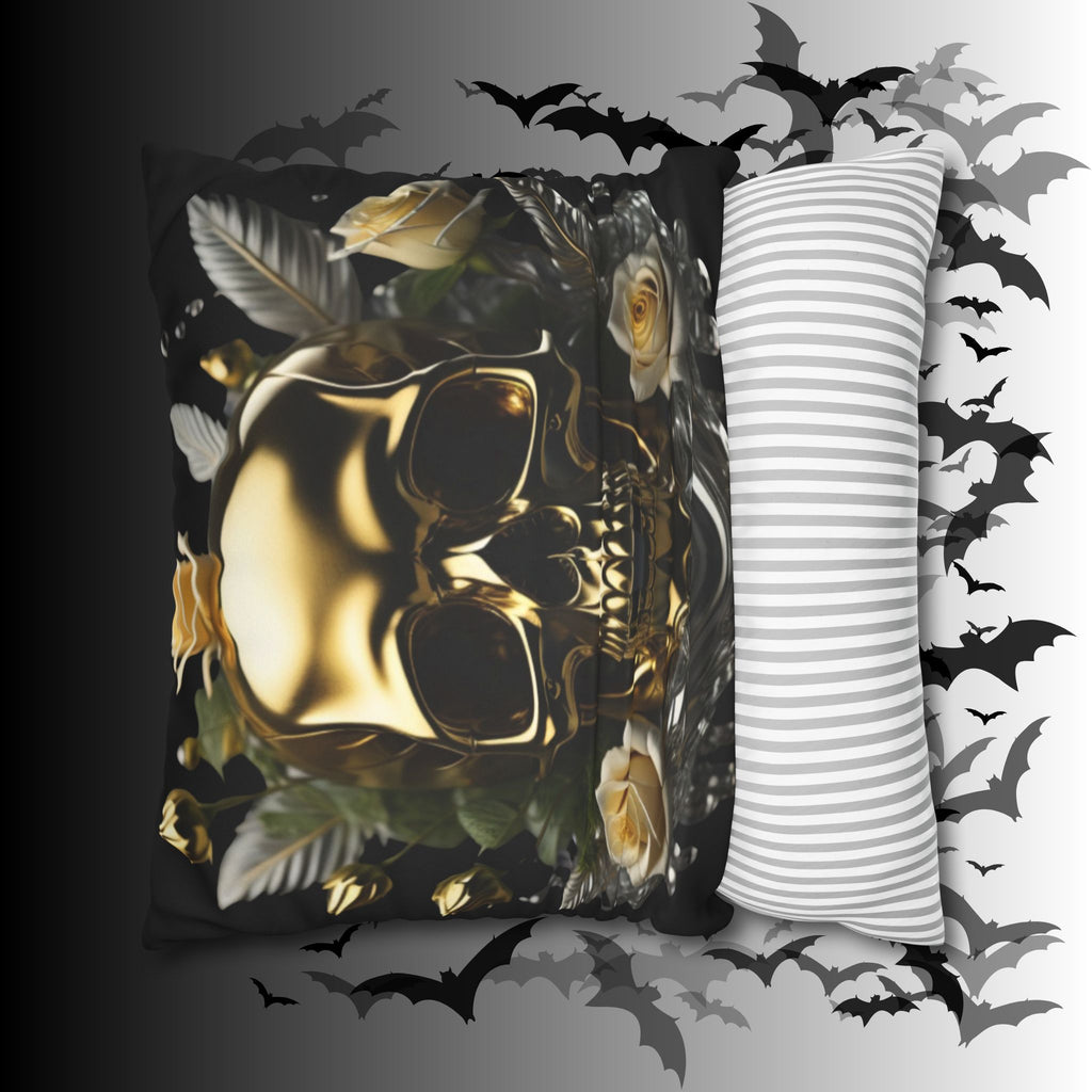 Gold Skull Botanical Throw Pillow — Dark Floral Gothic Home Decor