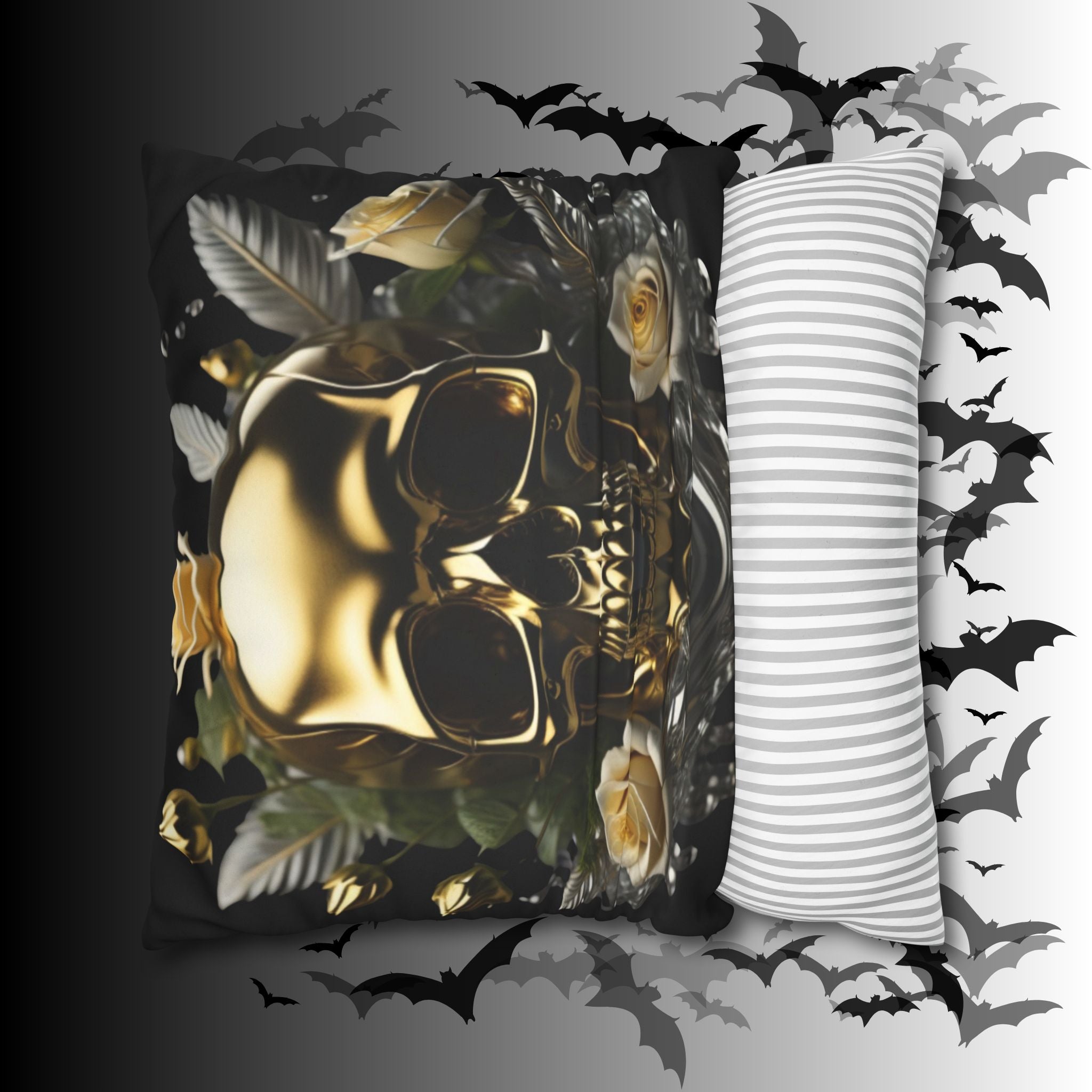 Gold Skull Botanical Throw Pillow — Dark Floral Gothic Home Decor