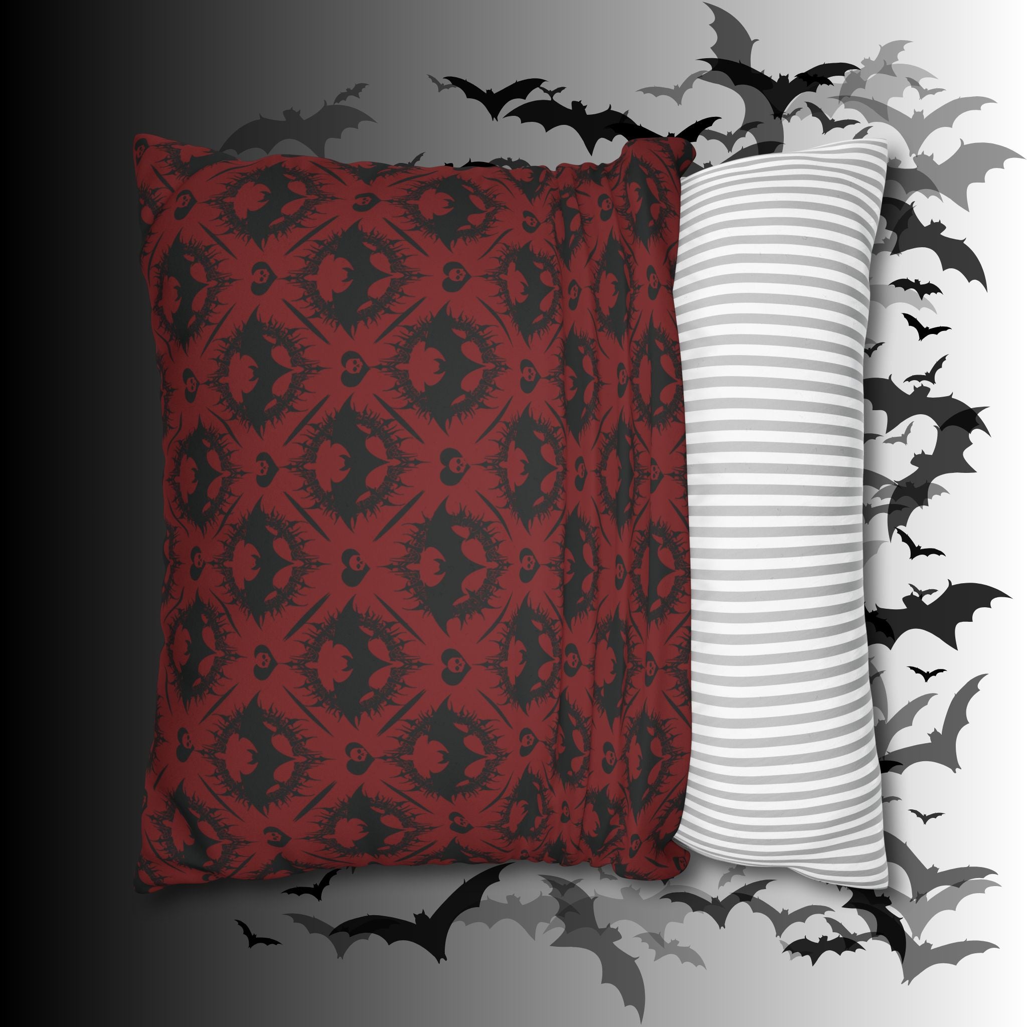 Gothic Bat Diamond Pattern Throw Pillow — Dark Red Damask Home Decor