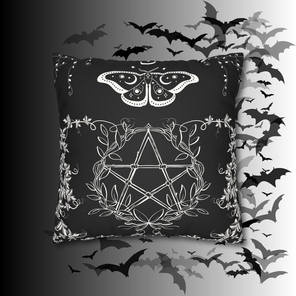 Witchy Moth Pentagram Throw Pillow — Botanical Gothic Dark Home Decor
