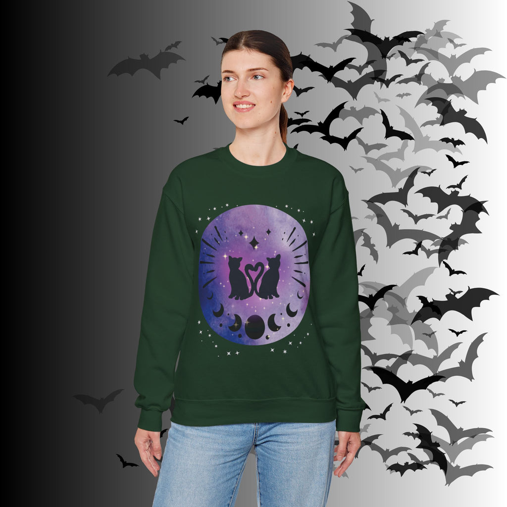 Celestial Twin Cats Heart Moon Crewneck Sweatshirt — Witchy Moon Phase