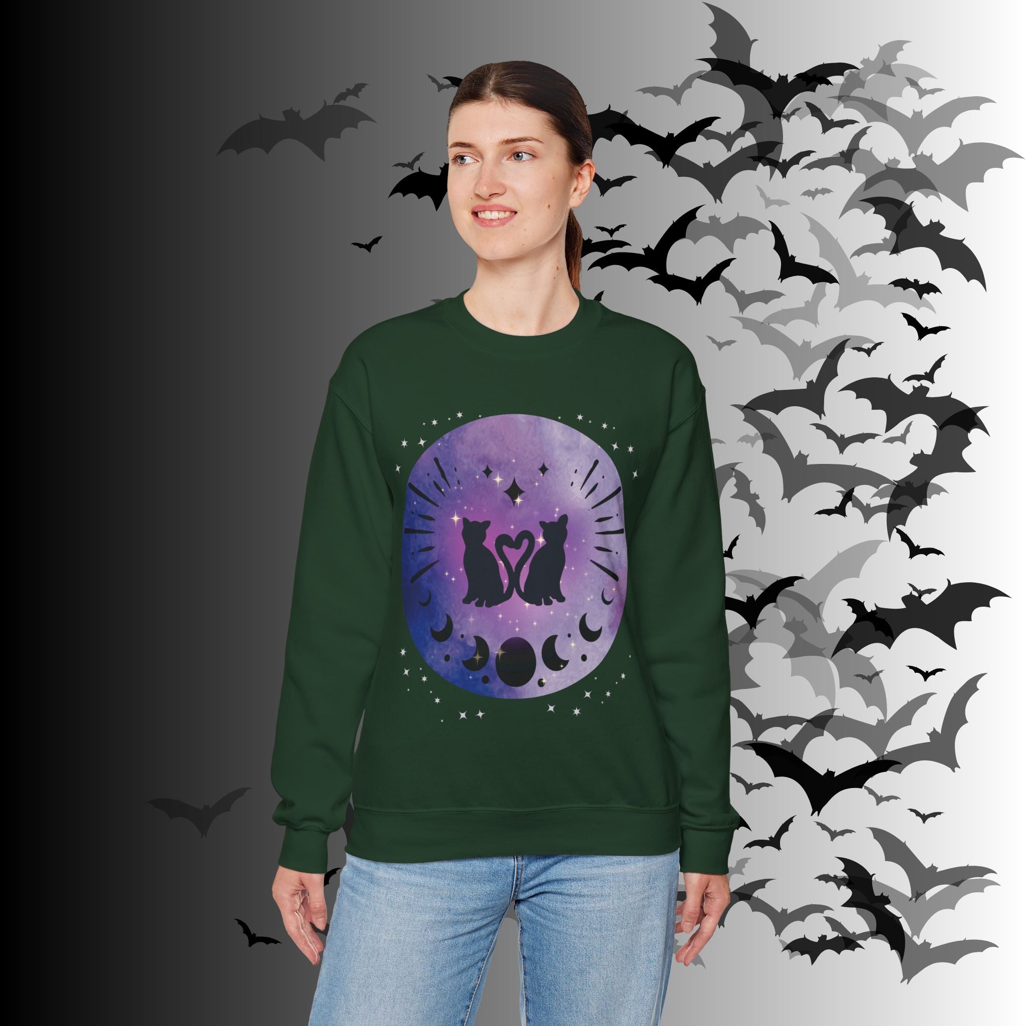 Celestial Twin Cats Heart Moon Crewneck Sweatshirt — Witchy Moon Phase
