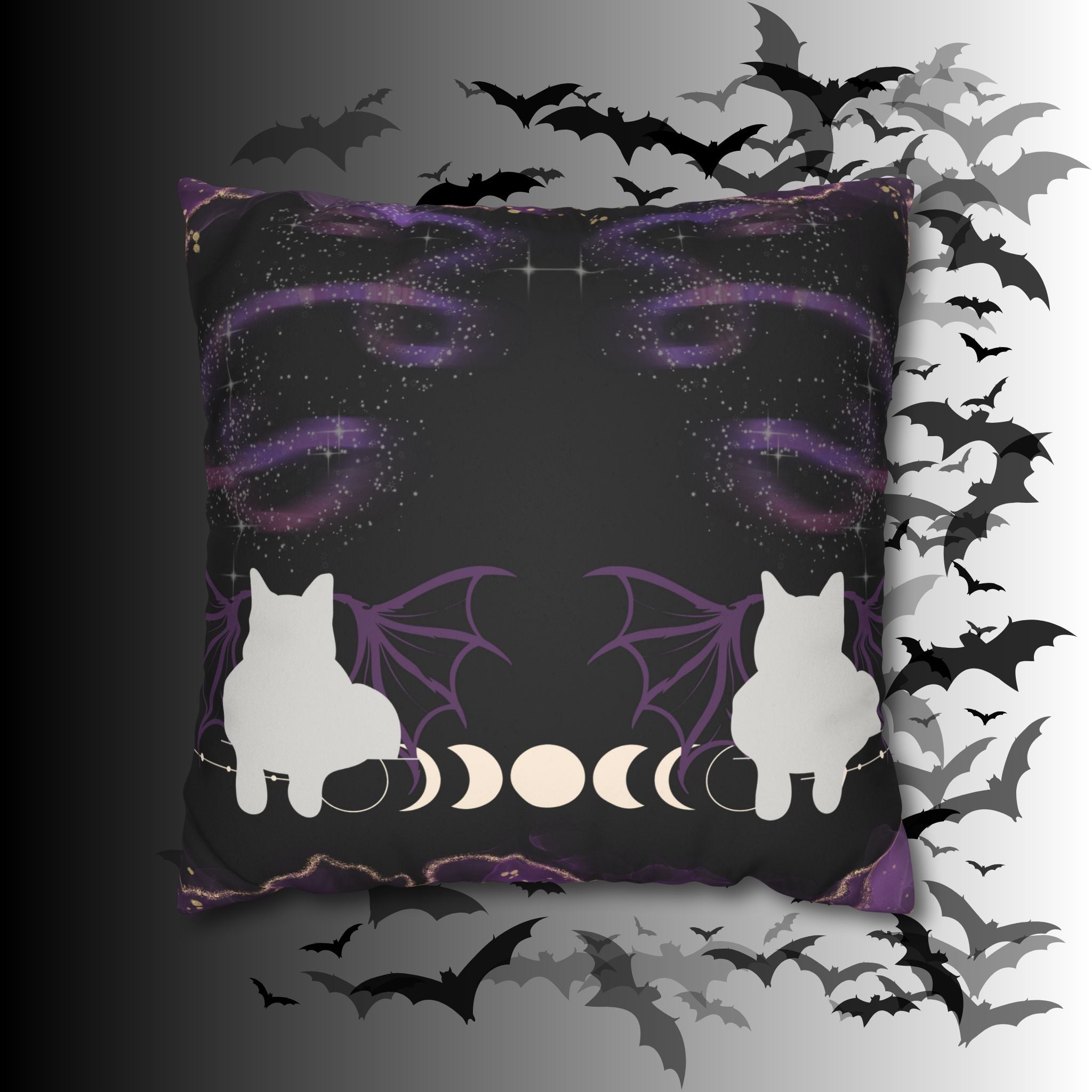 Gothic Bat Wing Cat Moon Phases Throw Pillow — Purple Celestial Dark Home Decor