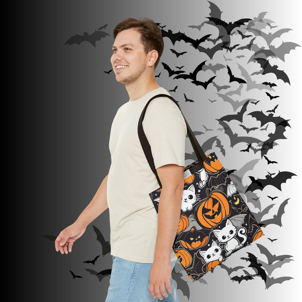 Kawaii Bat Cat Halloween Tote Bag — Dark Pumpkin Pattern