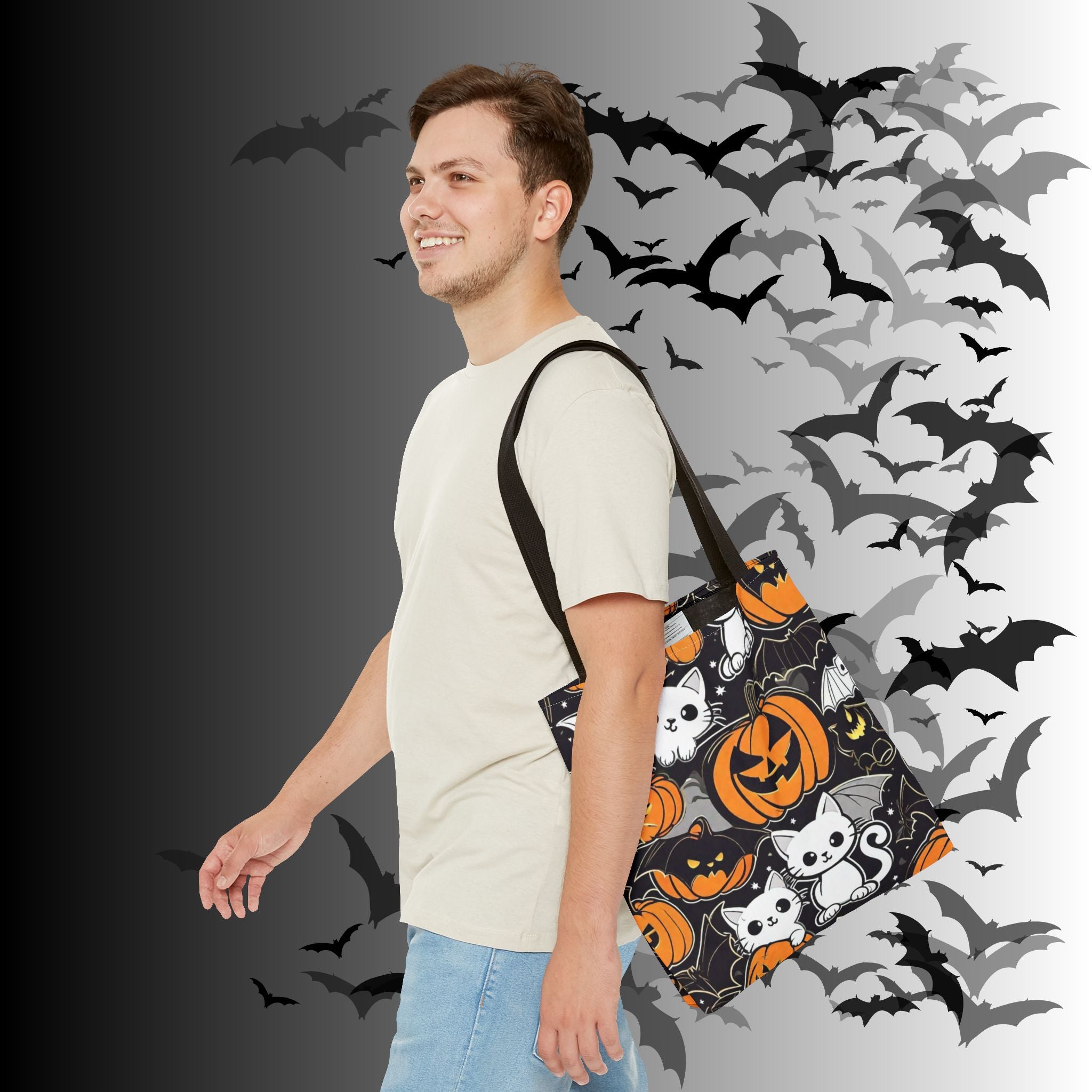 Kawaii Bat Cat Halloween Tote Bag — Dark Pumpkin Pattern