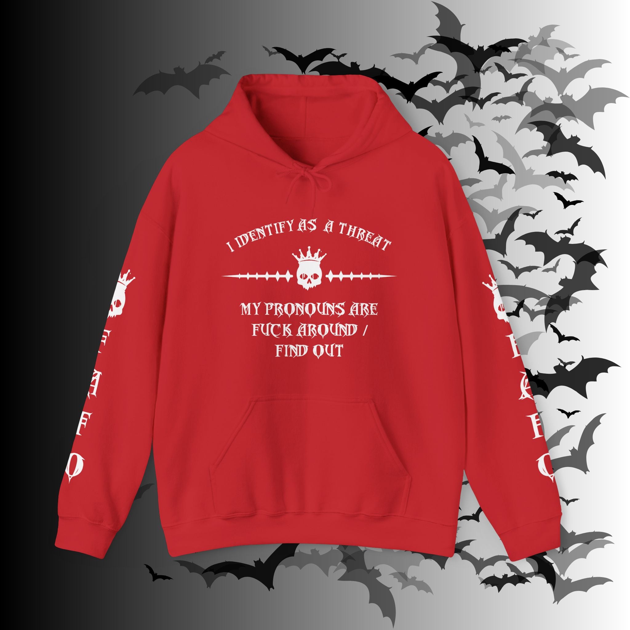 I Identify As a Threat Hoodie — Gothic Skull Sleeve Print FAFO Black
