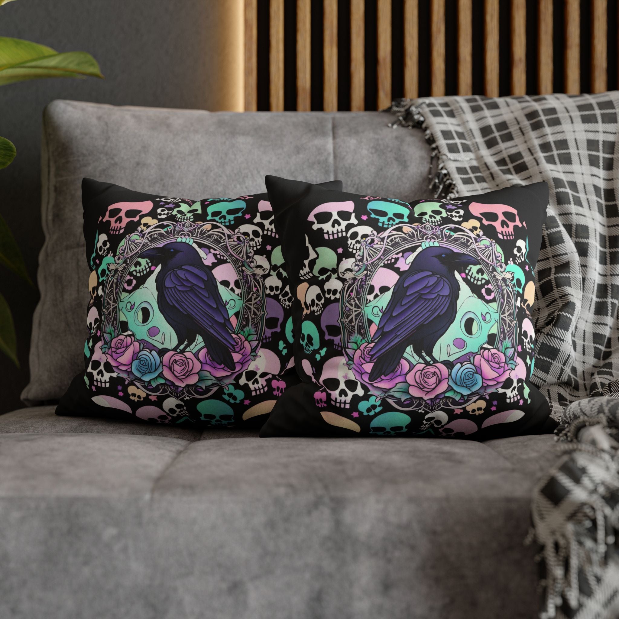 Pastel Goth Raven Skull Throw Pillow — Dark Floral Gothic Home Decor