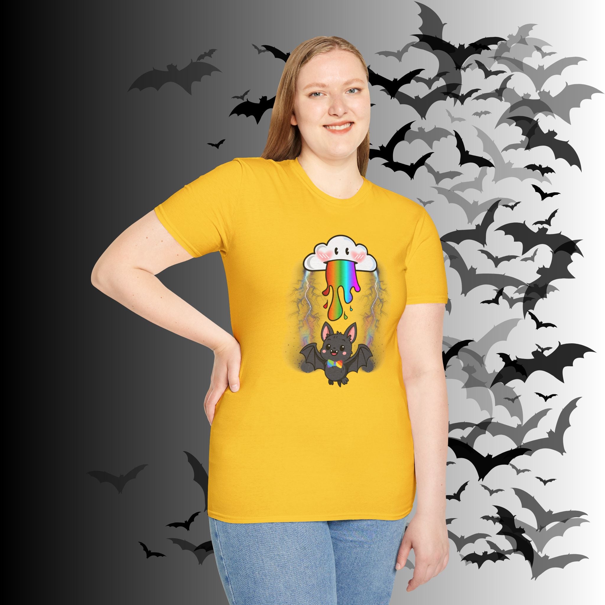 Rainbow Vomit Cloud Bat T-Shirt — Kawaii Goth Pride Unisex Tee