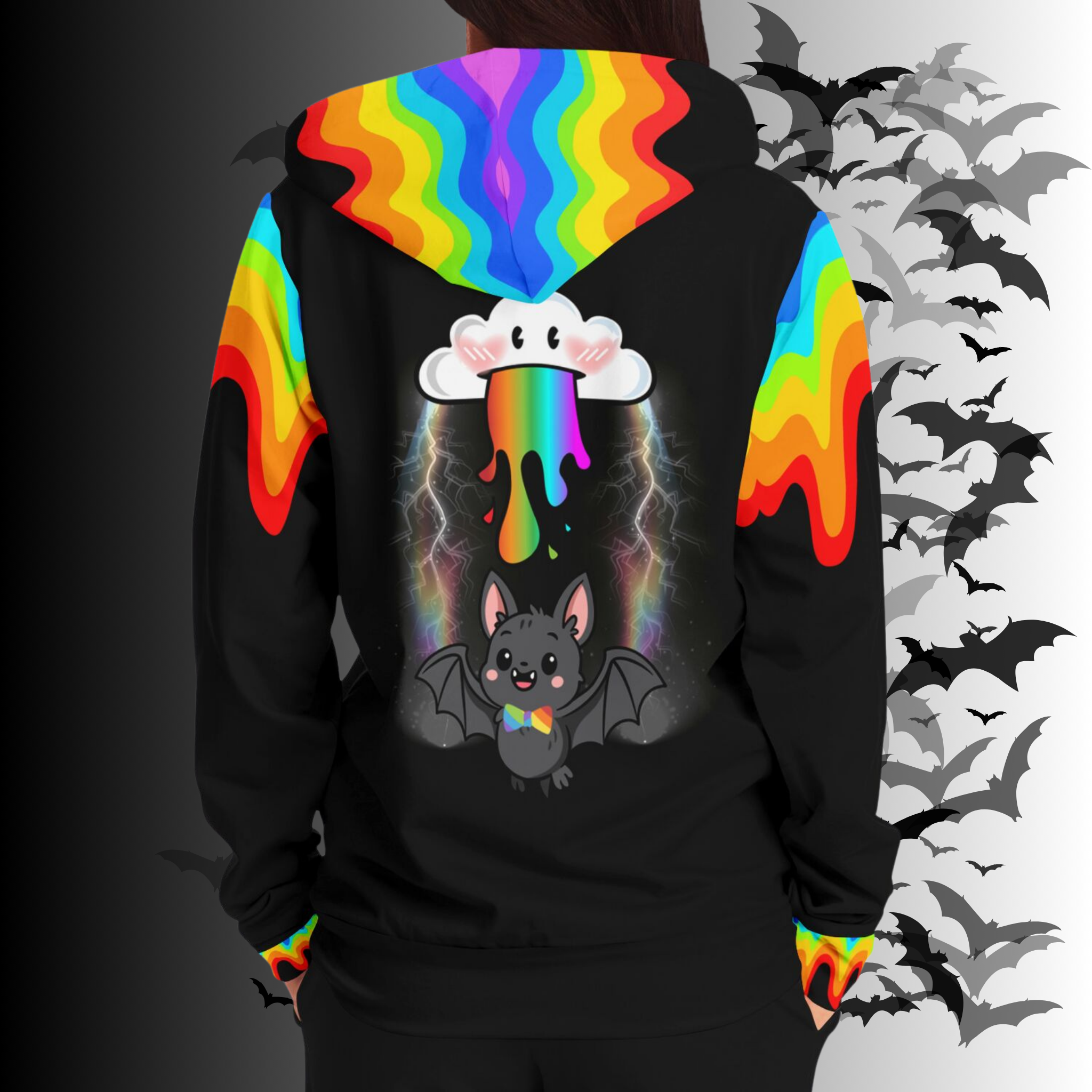 Rainbow Vomit Cloud Bat All Over Print Zip Hoodie — Kawaii Goth Pride Unisex AOP Hoodie