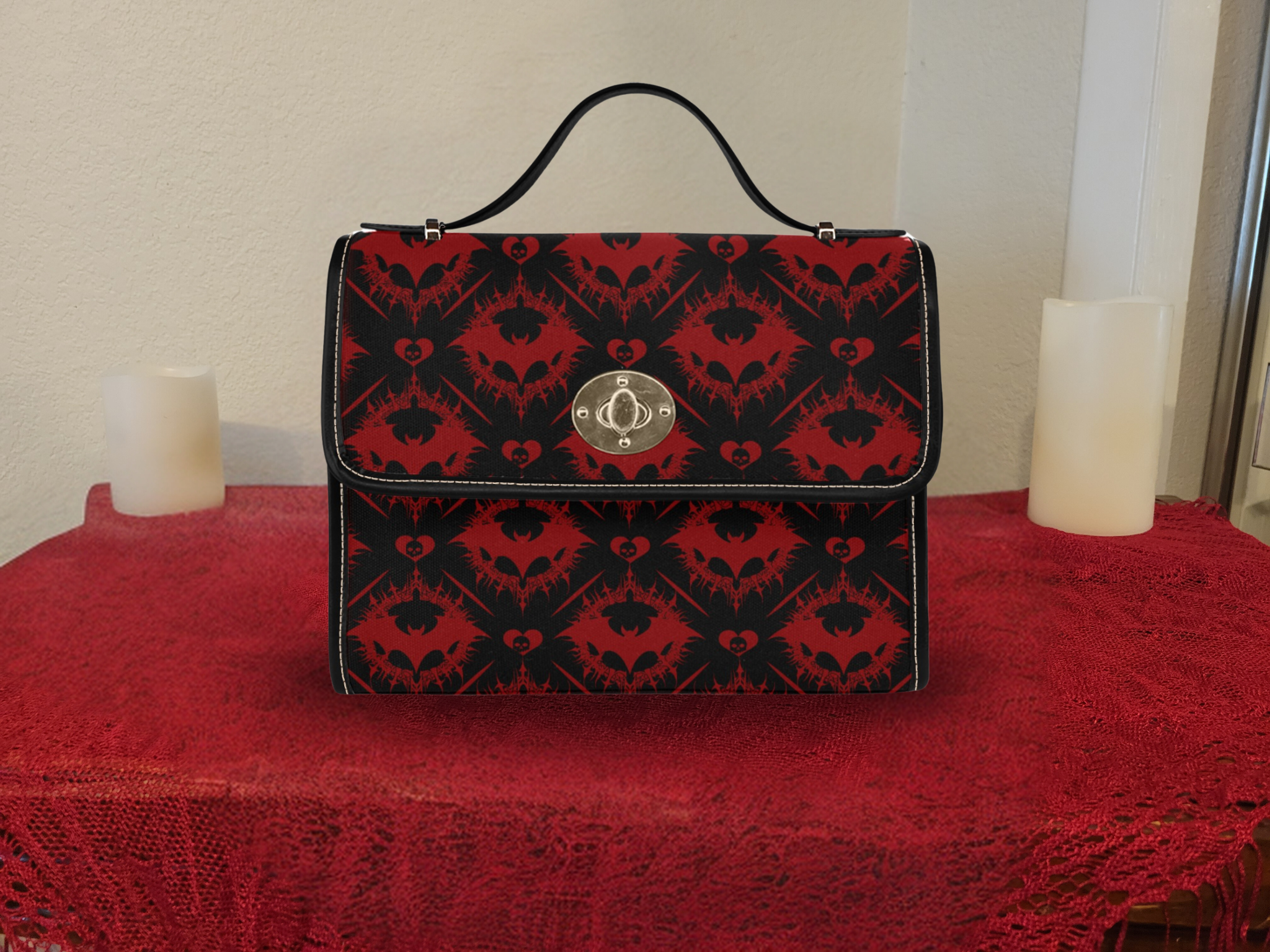 Gothic Bat Pattern Handbag | Red & Black Damask Waterproof Canvas Crossbody Purse