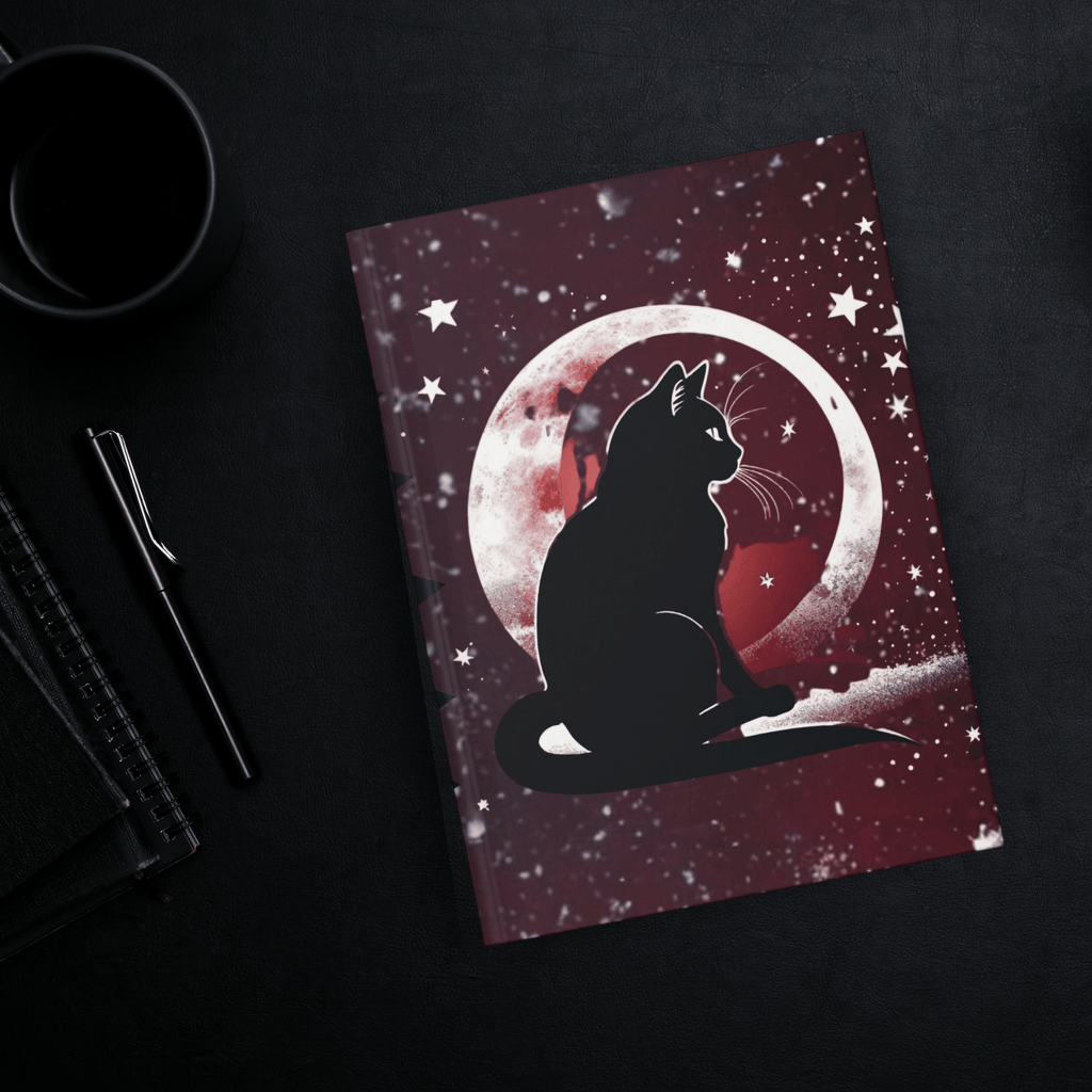
Gothic hardcover journal open flat showing mirrored black cat silhouettes gazing at a glowing full moon against a deep crimson and indigo starfield with white stars