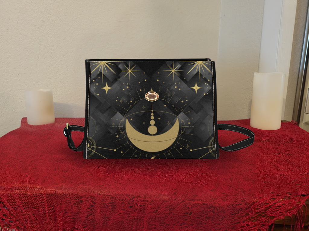 Gold Celestial Moon Handbag | Witchy Constellation Waterproof Canvas Crossbody Purse