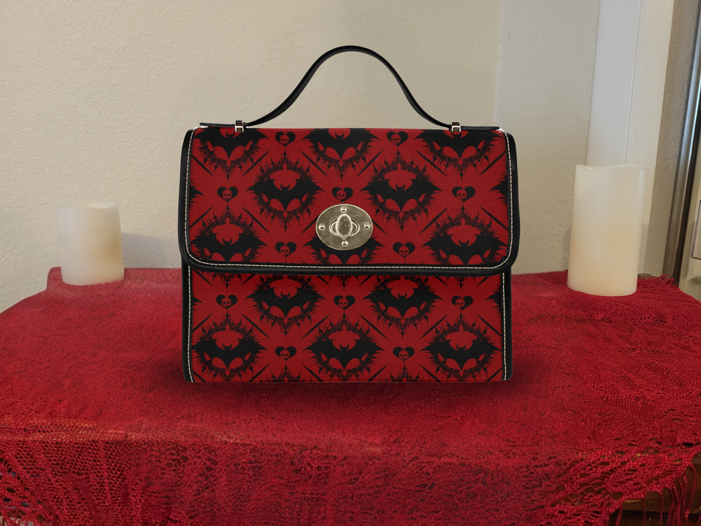 Scarlet Gothic Bat Handbag | Red & Black Damask Waterproof Canvas Crossbody Purse