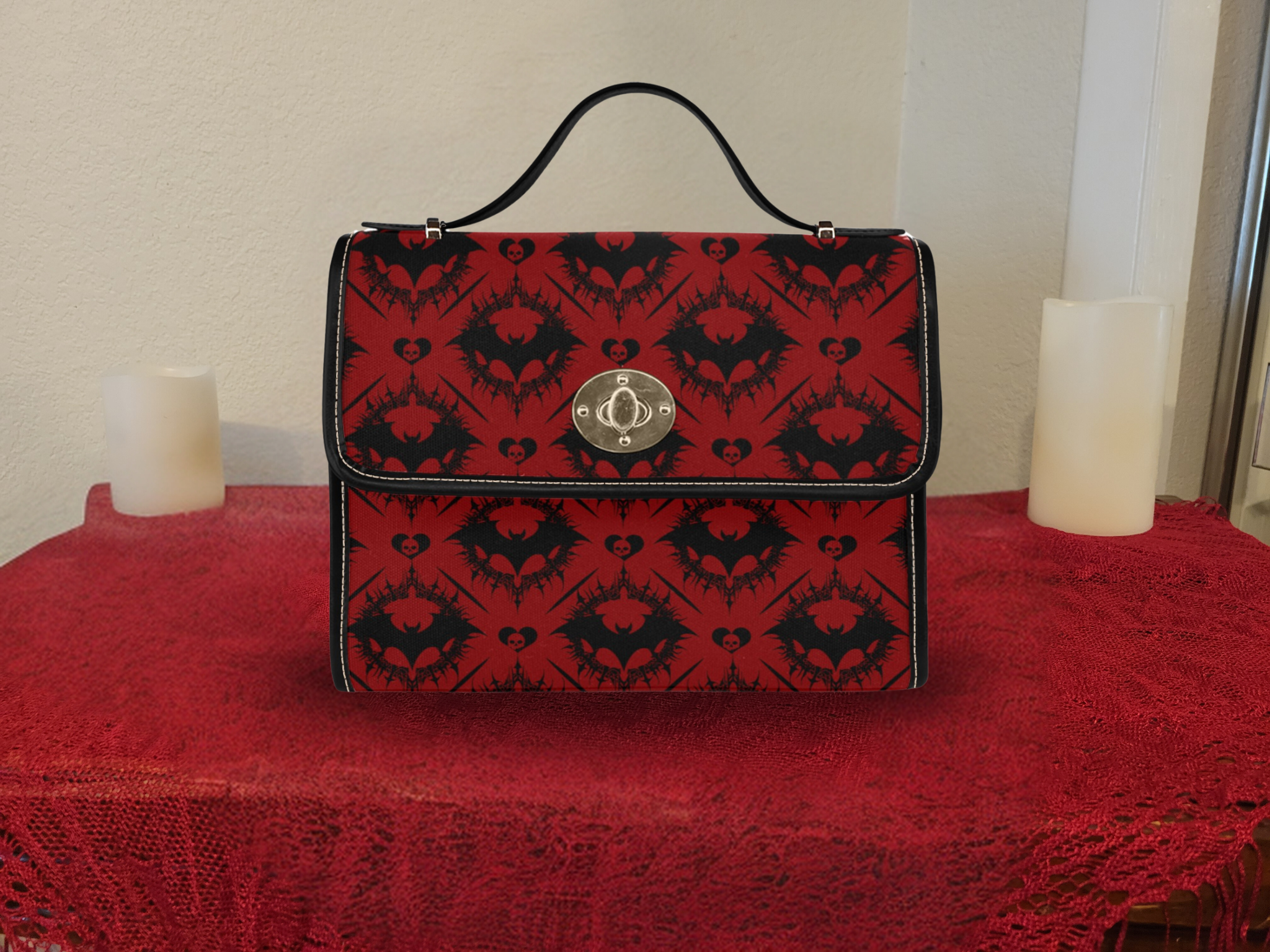 Scarlet Gothic Bat Handbag | Red & Black Damask Waterproof Canvas Crossbody Purse