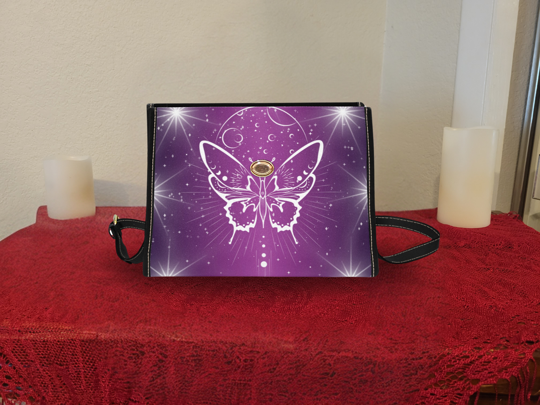 Celestial Luna Moth Handbag | Purple Witchy Waterproof Canvas Crossbody Purse