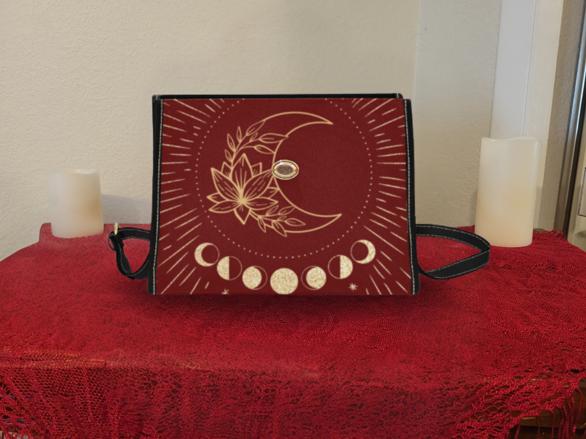 Crimson Moon Phase Lotus Handbag | Witchy Celestial Waterproof Canvas Crossbody Purse