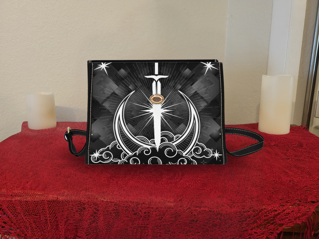 Gothic Celestial Sword Moon Handbag | Witchy Waterproof Canvas Crossbody Purse