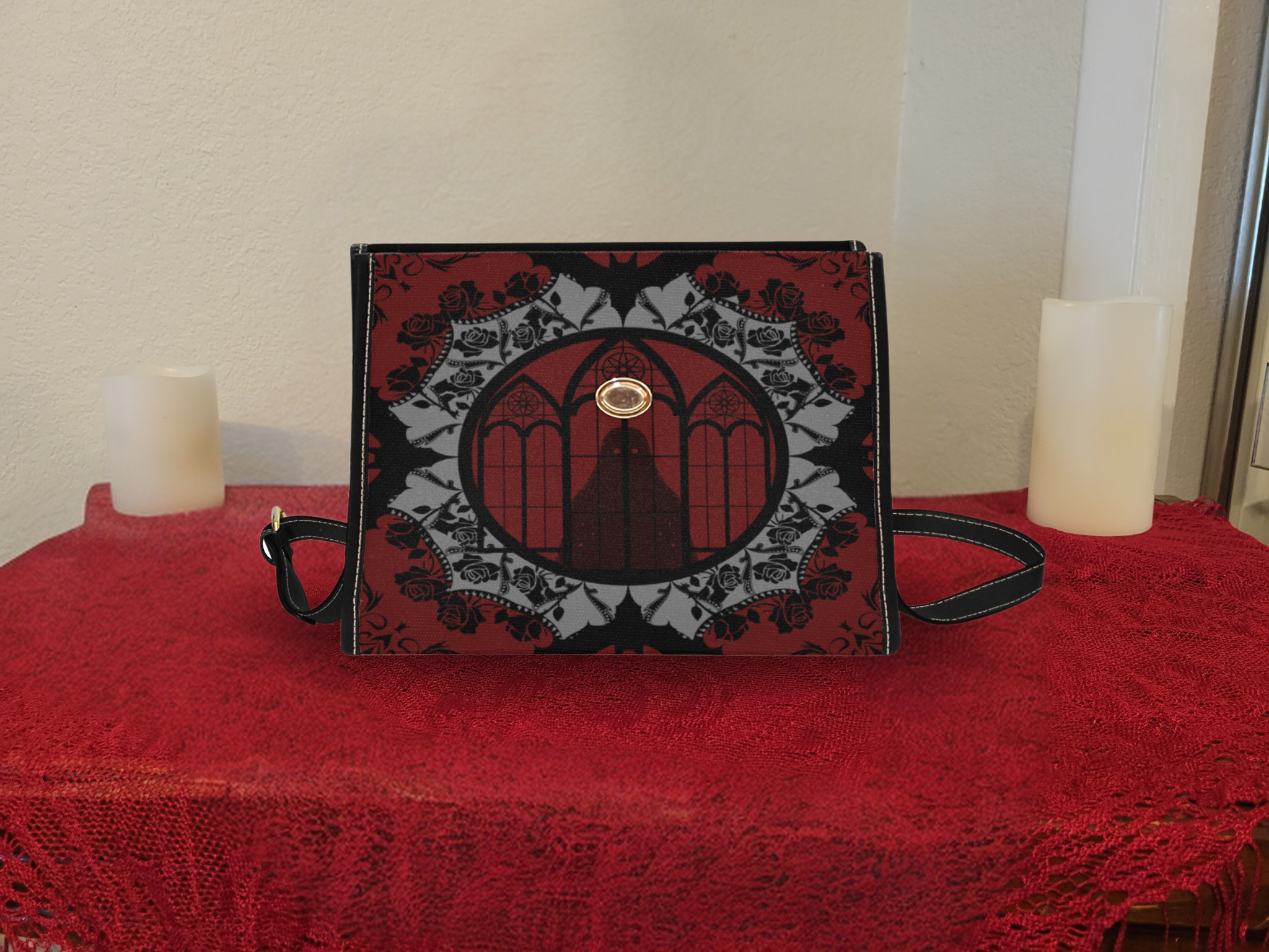 Gothic Cathedral Rose Handbag | Elegant Bat Lace Waterproof Canvas Crossbody Purse