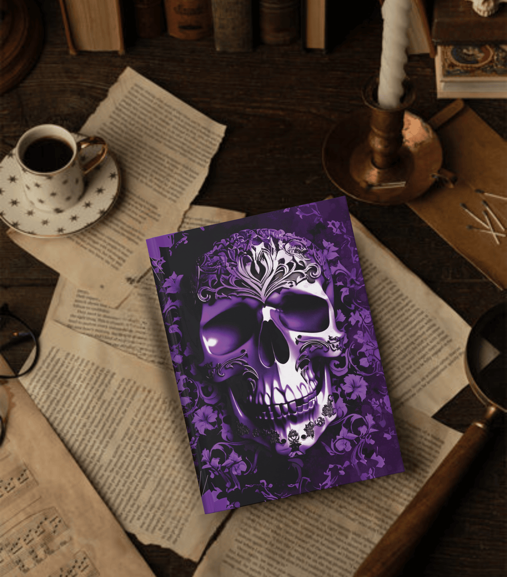 Gothic Purple Skull Journal — Dark Floral Baroque Hardcover Spell Book