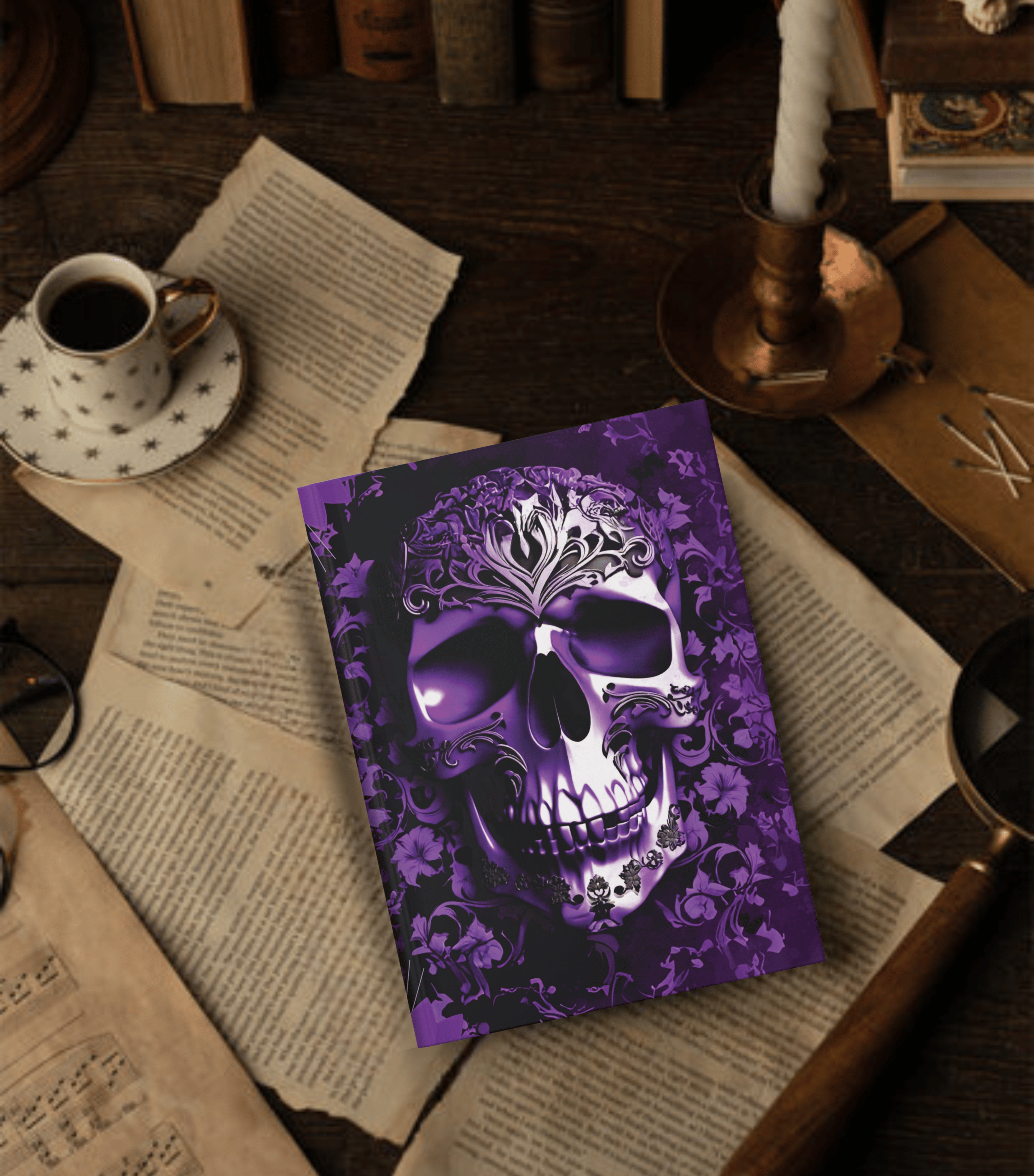 Gothic Purple Skull Journal — Dark Floral Baroque Hardcover Spell Book