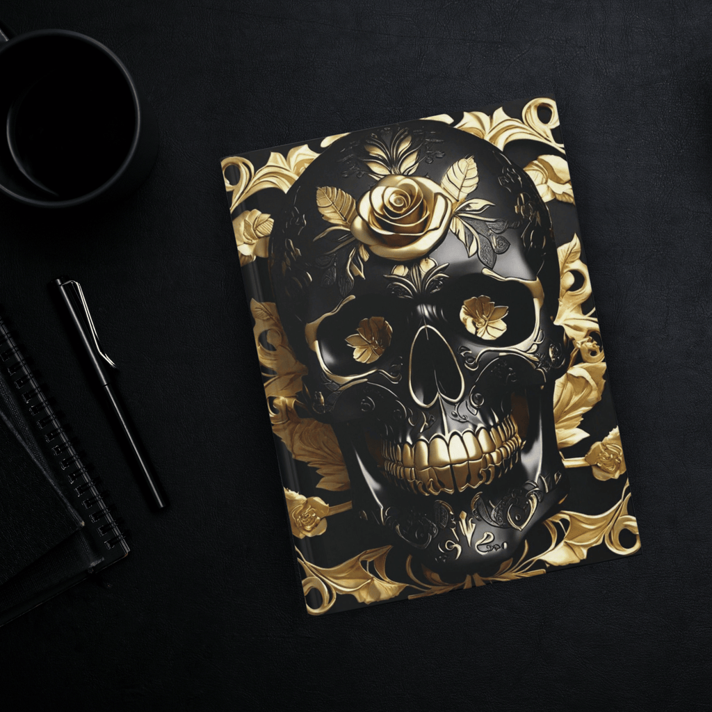 Gothic hardcover journal with a large black filigree skull surrounded by gold roses, baroque leaves, and ornamental scrollwork on a deep black background