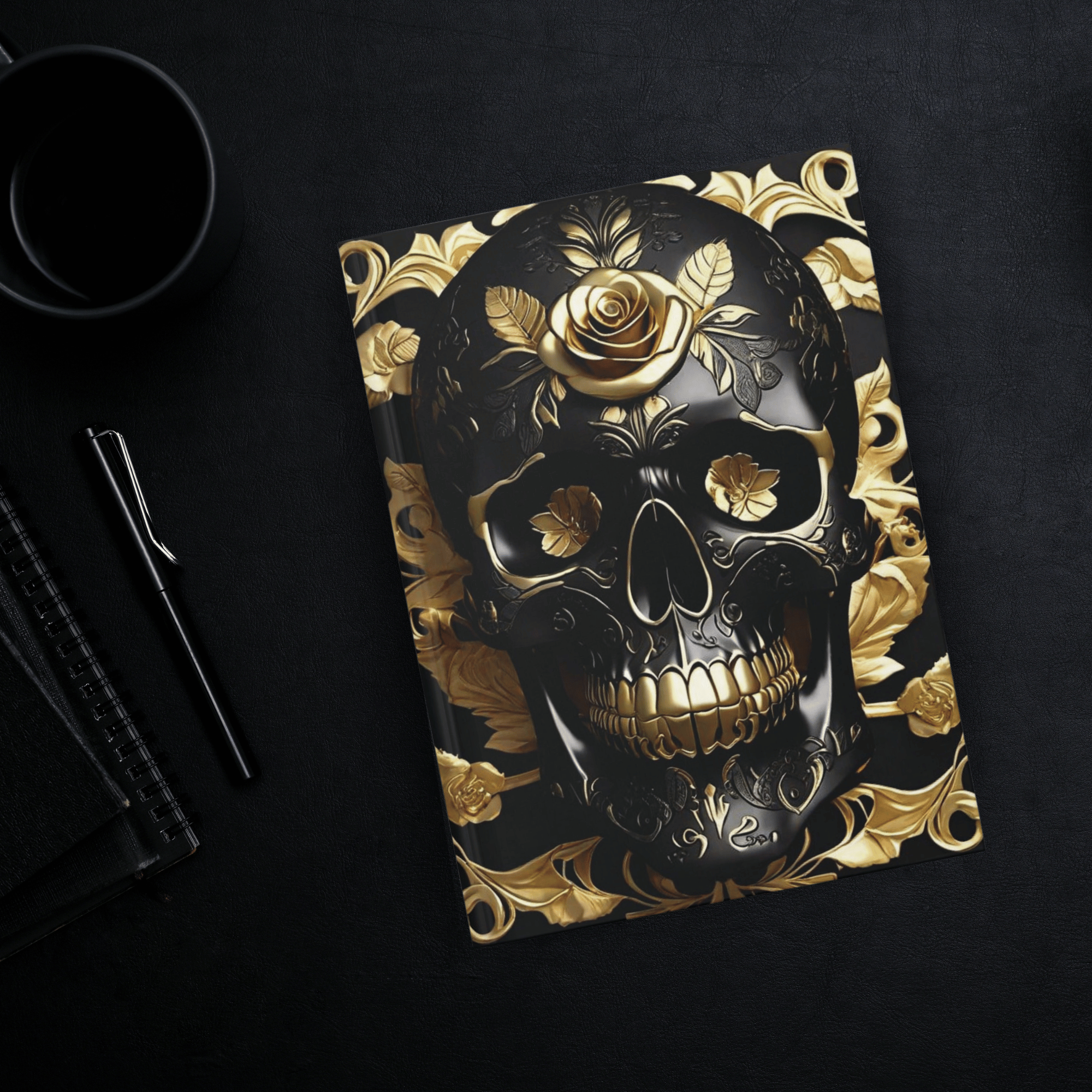 Gothic hardcover journal with a large black filigree skull surrounded by gold roses, baroque leaves, and ornamental scrollwork on a deep black background